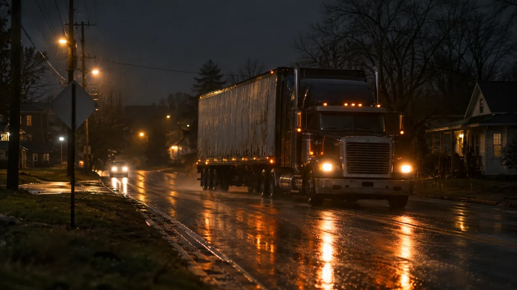 Rainy night, quiet street, a loaded rig rolling through town. Ever wonder why some towns post a no engine brake sign? Full story: https://speedofdaily.com/jake-brake-engine-brake-e