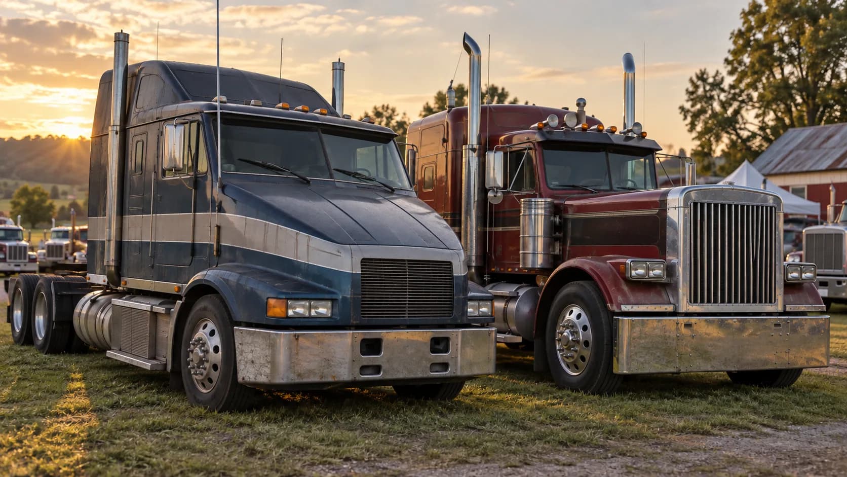 Sloped nose on the left, square long hood on the right, both catching the sunset at a truck show. Which side of the 1980s argument were you on?