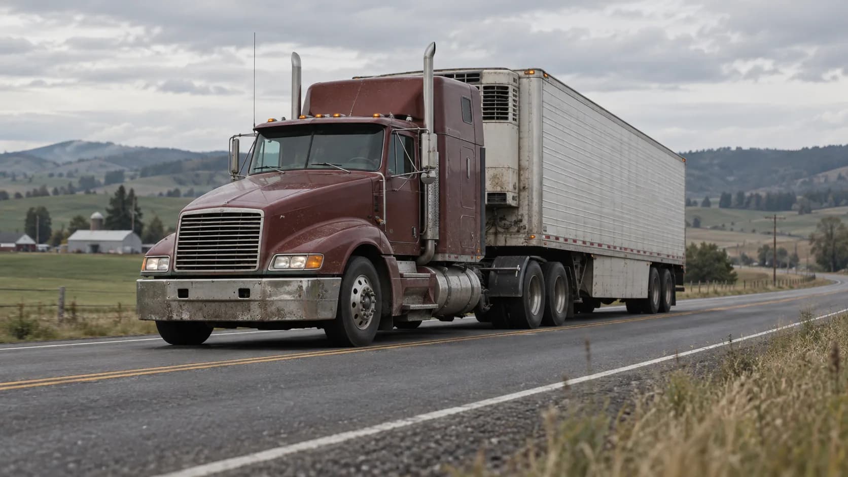 A maroon tractor pulling a reefer down a two-lane farm road under gray skies. The sloped-hood look started with one truck in 1985. Do you remember the first one you saw?