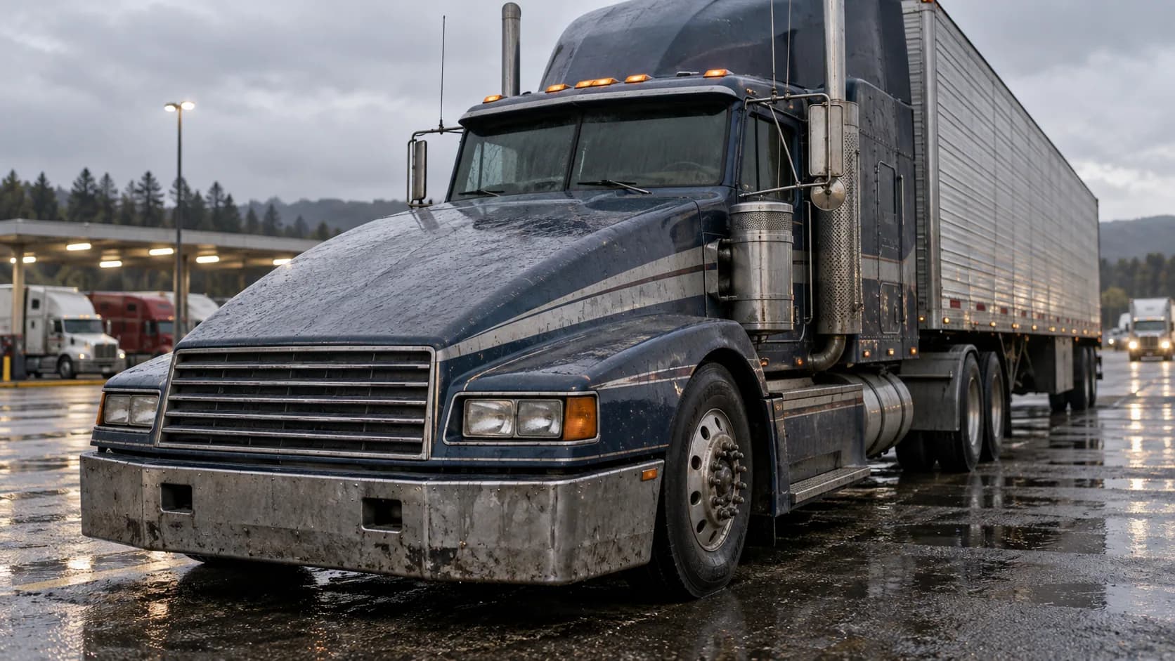 A dark blue conventional tractor with a steeply sloped hood, wide rectangular grille and dual rectangular headlamps, parked in the rain at a truck stop with a silver trailer behind it.