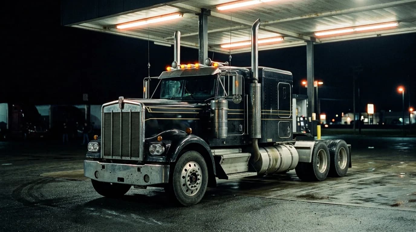 Round headlights, a tall chrome grille, and gold pinstriping catching the truck-stop lights, this is the shape that made "classic Kenworth" a phrase.