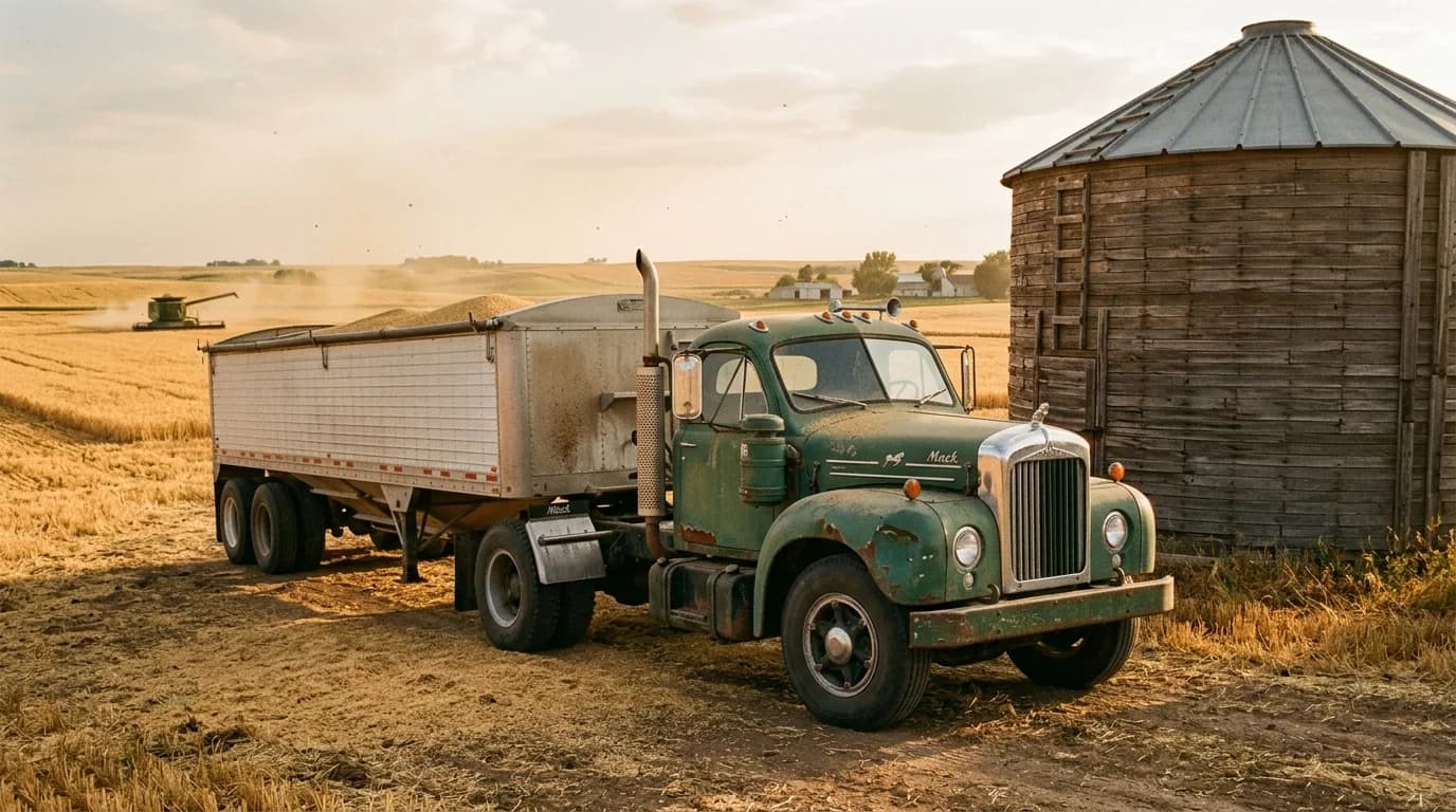 Parked next to the grain bin at golden hour, still earning its keep during harvest.