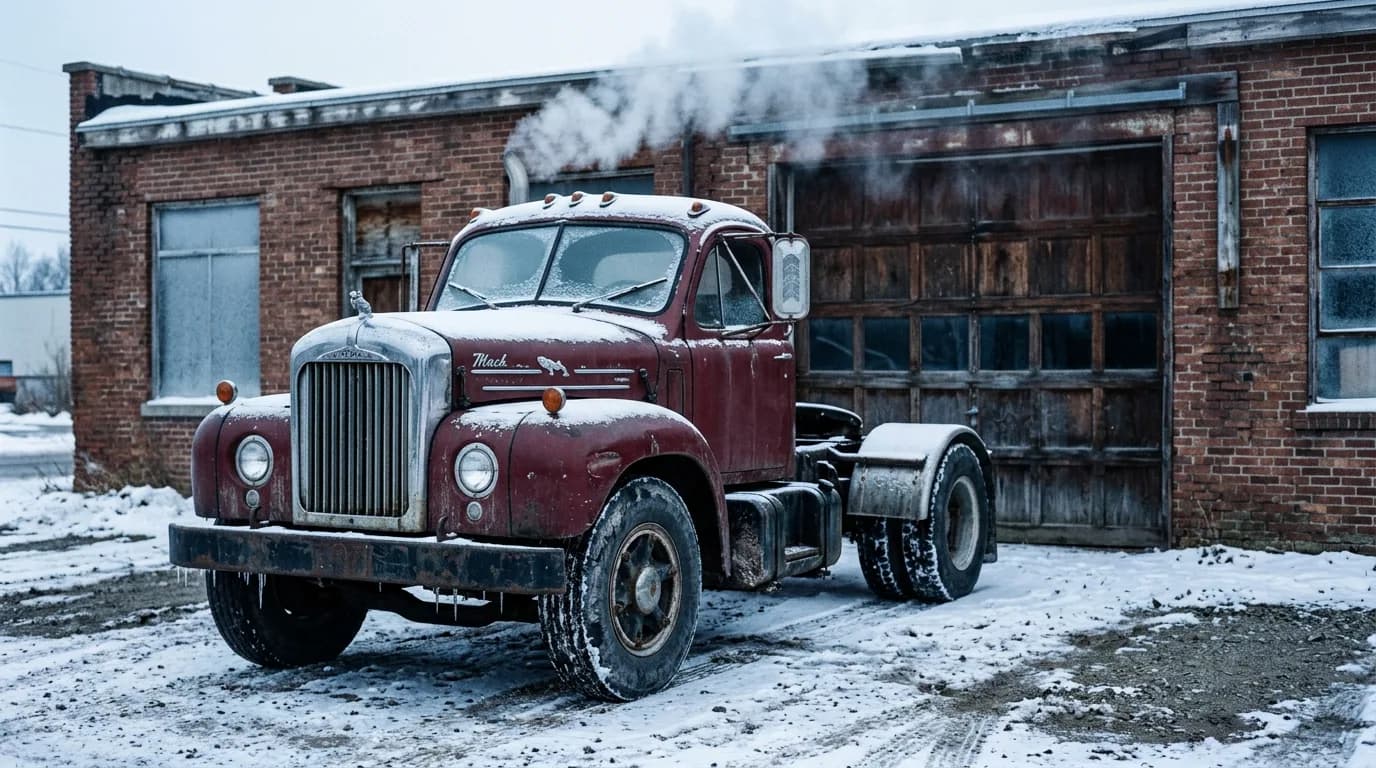 Diesel smoke rising into cold air outside an old brick garage, a B-61 warming up before the morning run.