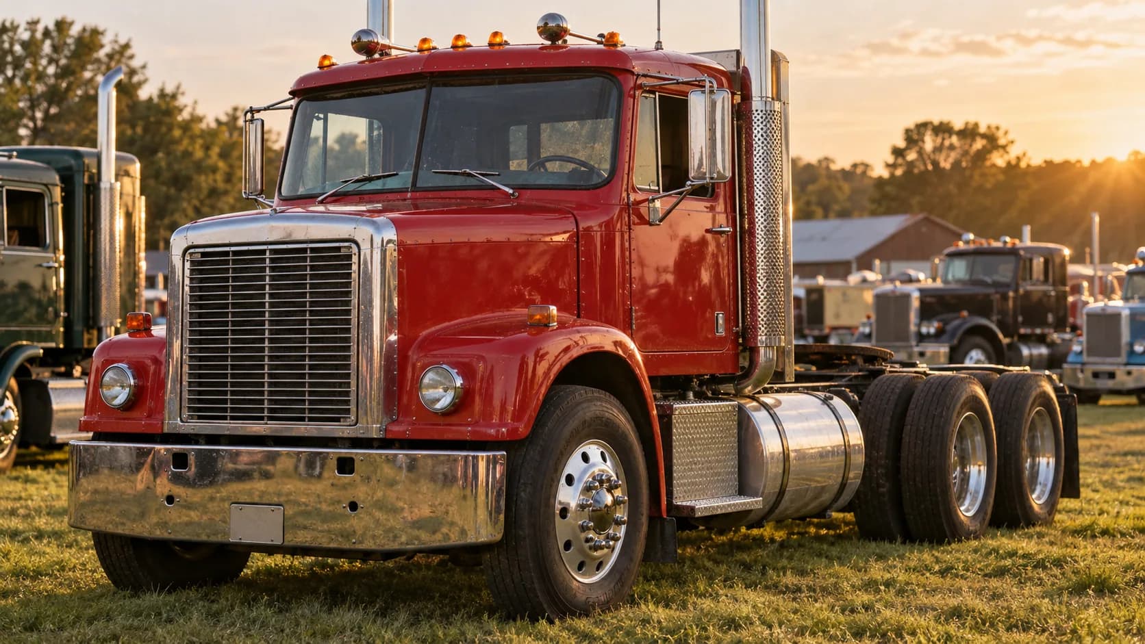 A red conventional tractor with a chrome grille, round fender headlamps, polished bumper and twin stacks parked on grass at a truck show at sunset, other trucks behind it.