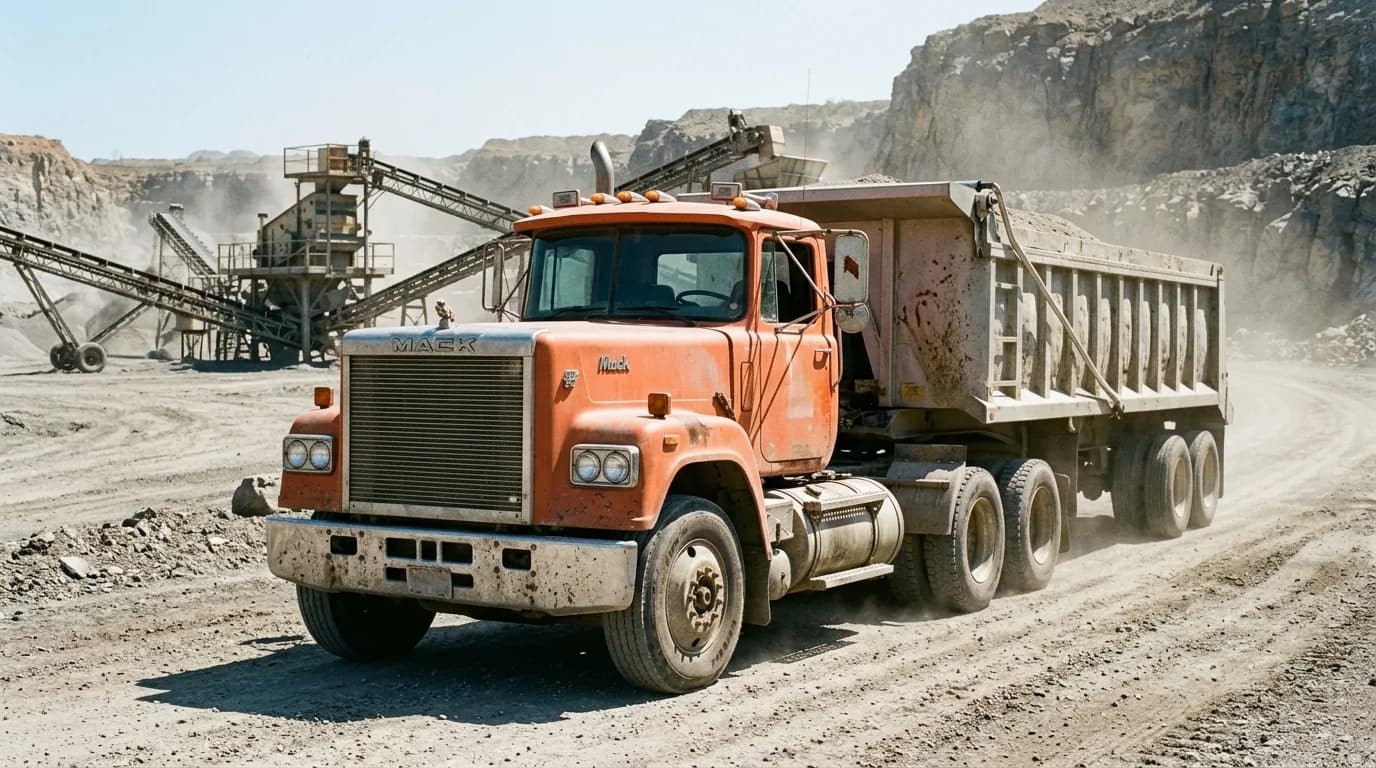 Dust hanging over the quarry while an orange Mack pulls its dump trailer past the crusher conveyors. Some trucks only look right when they are working.