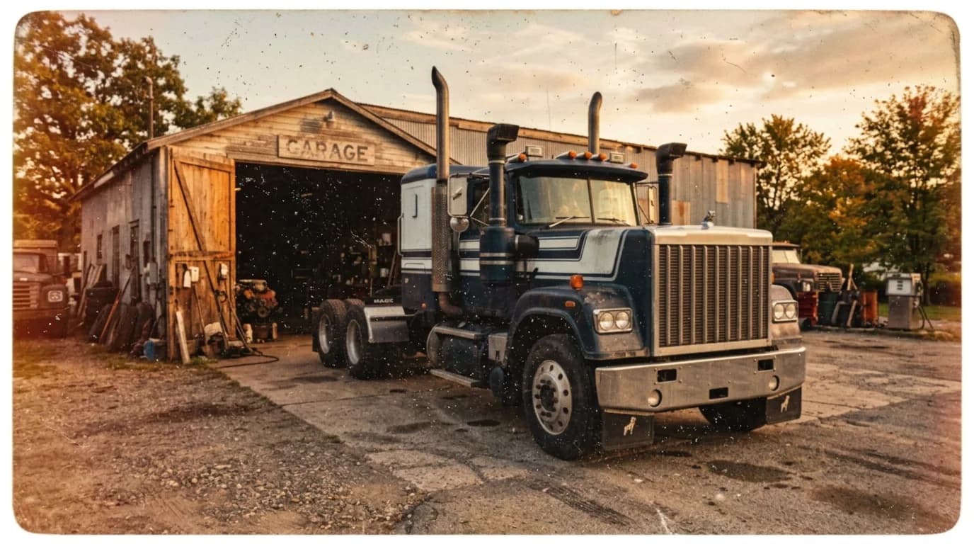 A dark blue Mack with pale striping parked in front of the old garage at sunset, rendered to look like a scratched print from a shoebox.
