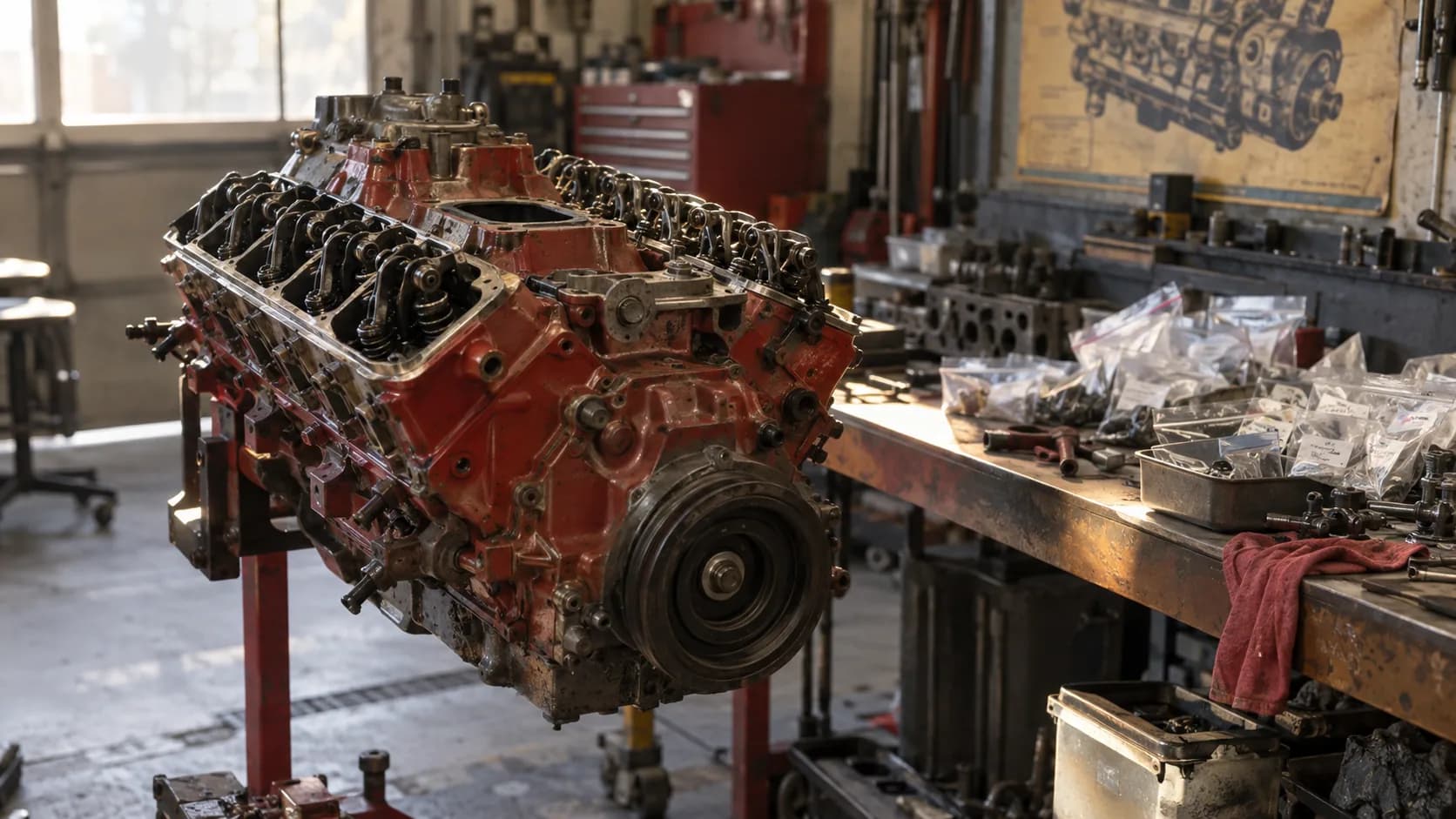 A bare red V8 on an engine stand, rocker arms exposed, parts bagged on the bench and an engine drawing on the wall. This is where a Mack V8 spends its quiet days.
