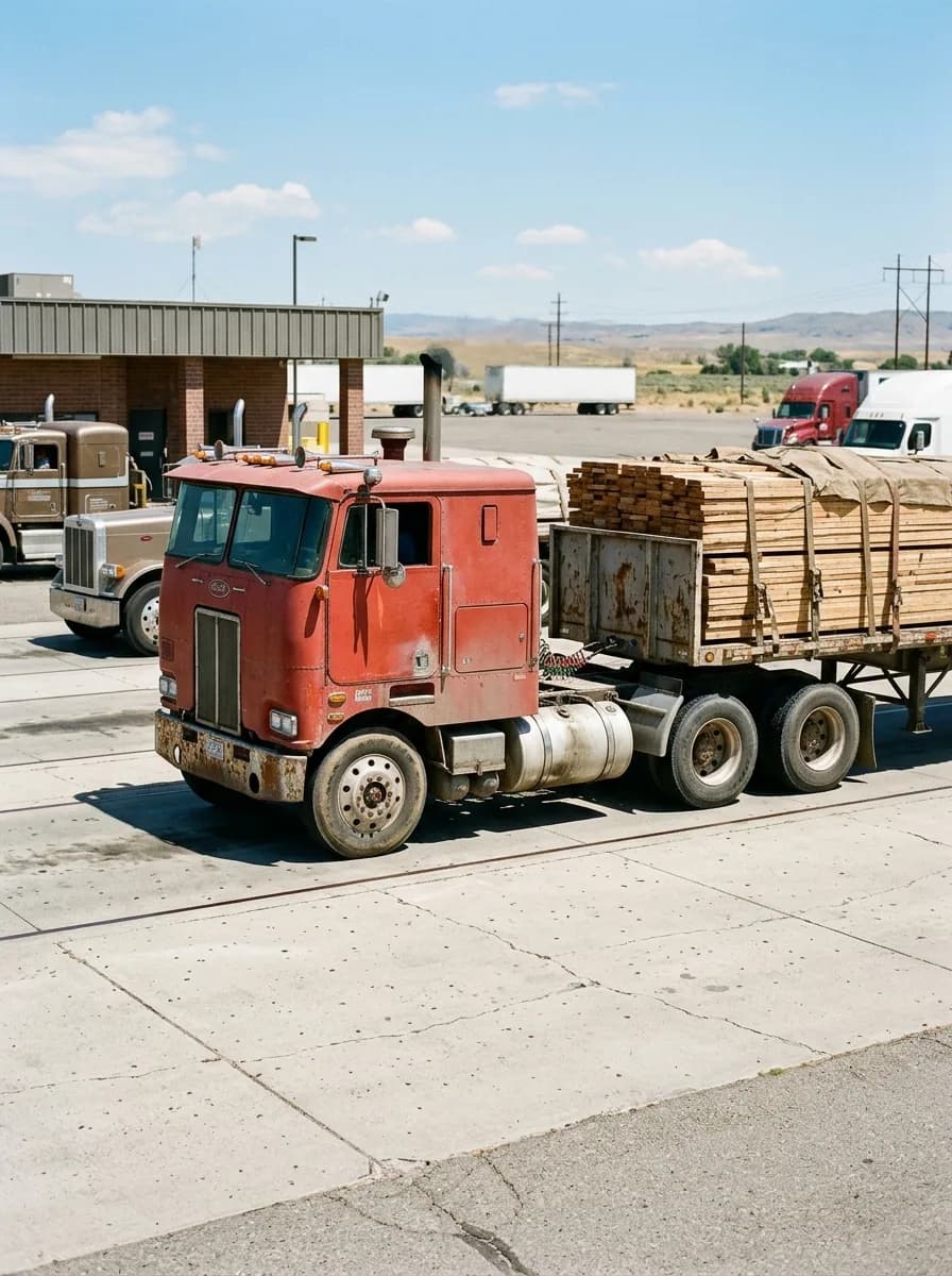 Loaded with lumber and parked among the newer trucks, a Pacemaker still out there earning its keep, as this AI render imagines it.