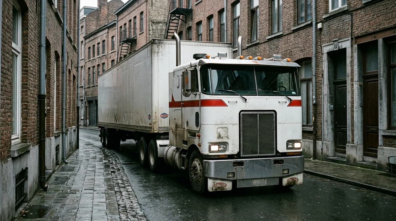 A flat-faced cabover with a red stripe squeezing down a narrow wet brick street with a dry van in tow. Would you have had the nerve to back it into a dock here?