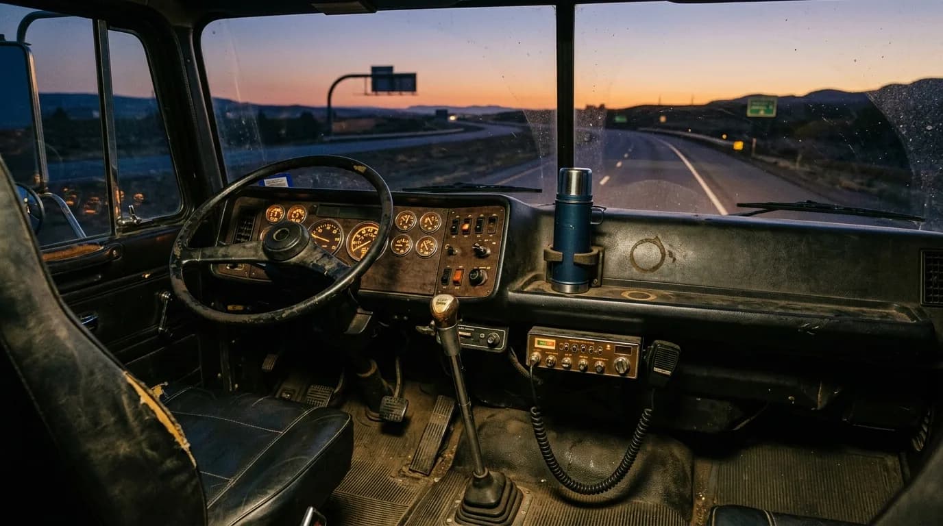 Gauges glowing orange, a CB radio under the dash, and a thermos in its holder as the sky fades over the highway. What was always riding in your cab?