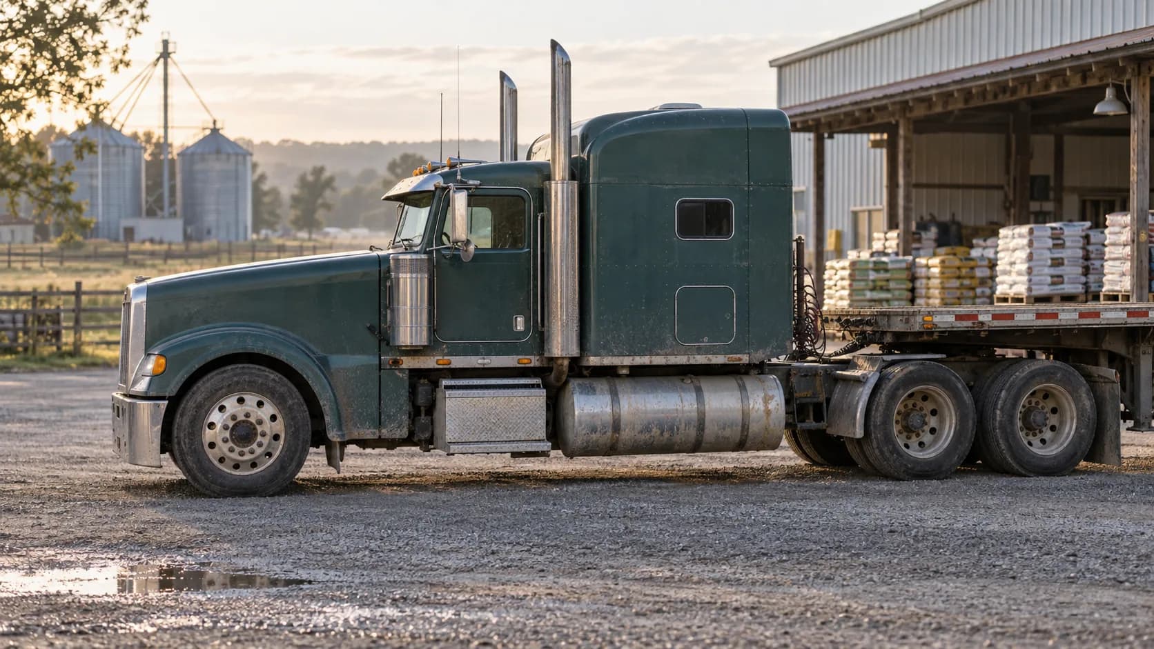 Green tractor, flatbed backed up to the feed store, silos in the morning haze. Some trucks just look like they belong on a farm road.