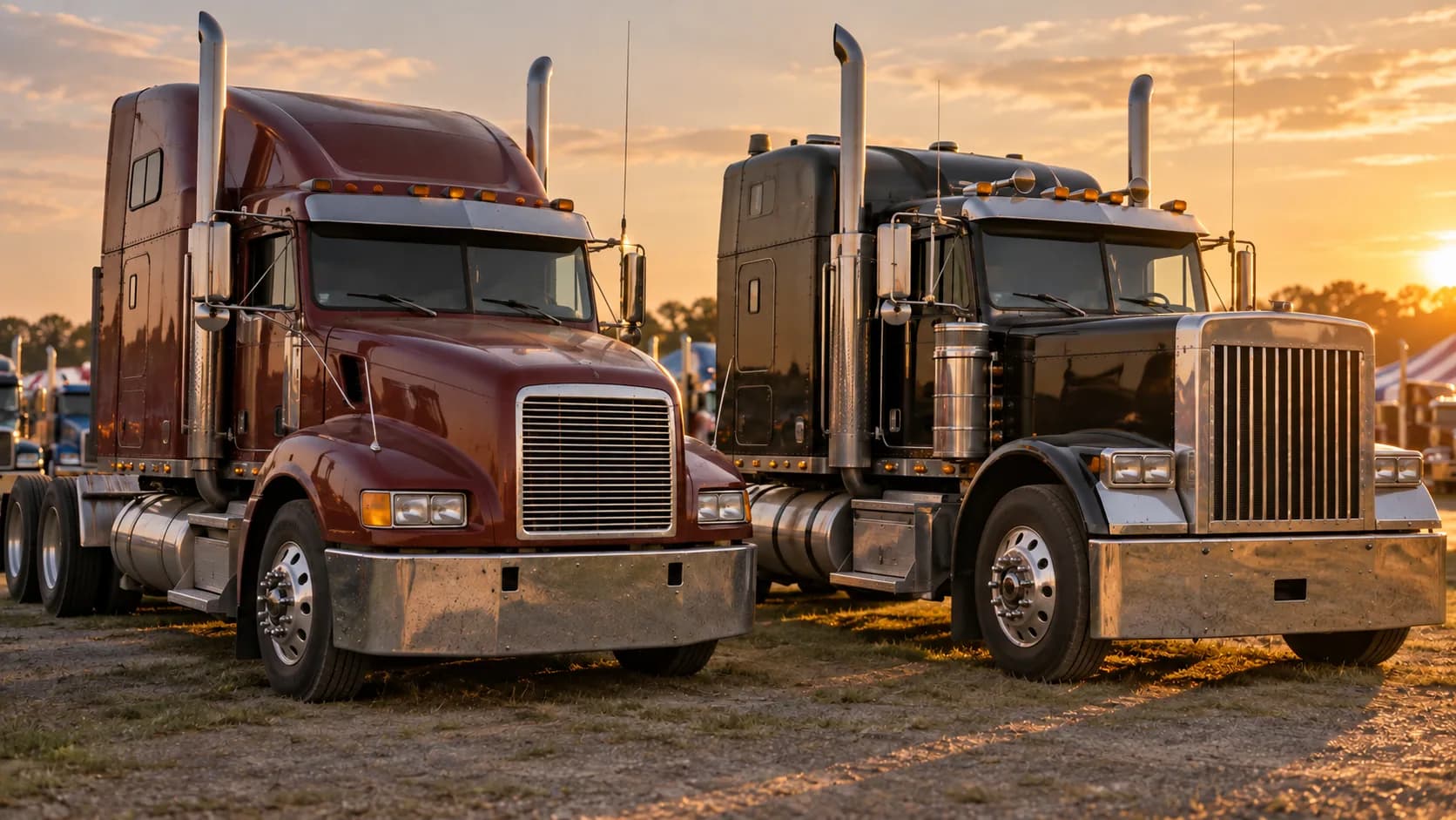 Two semi tractors side by side at sunset on a grassy lot: a maroon truck with a sloped hood and headlamps in wide fenders, and a black long-hood truck with a tall square chrome grille and twin stacks.