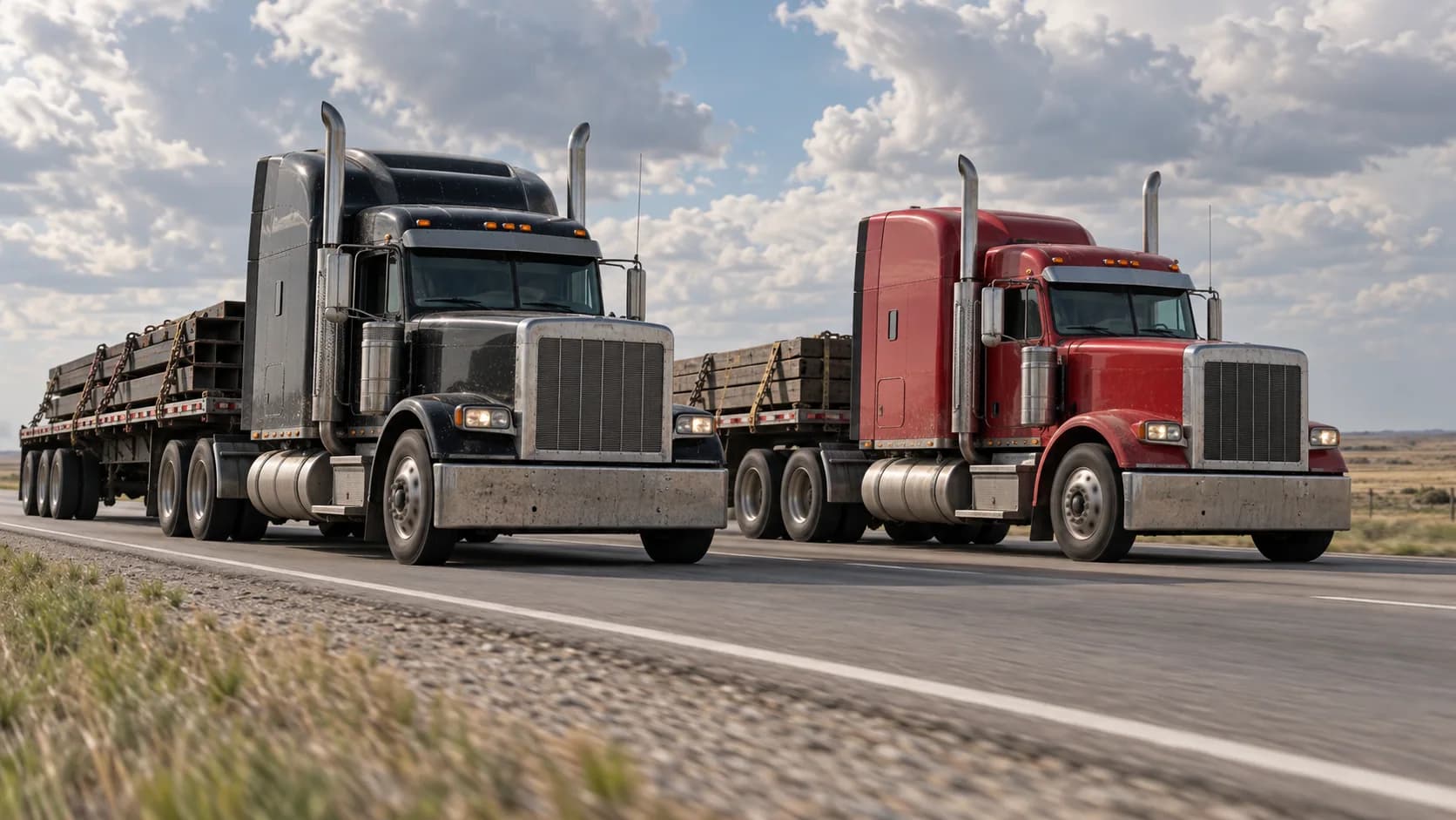A black long-hood and a red one running side by side with flatbed loads under big prairie clouds. Same parent company, decades of argument. Whose side are you on?