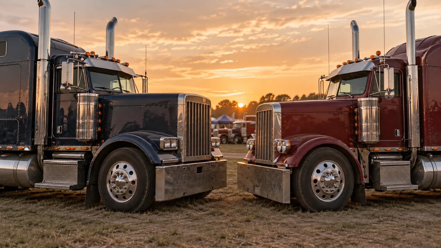 Two long-hood tractors parked grille to grille on grass at sunset, a black one and a maroon one, both with tall chrome stacks, polished bumpers and sleeper cabs.