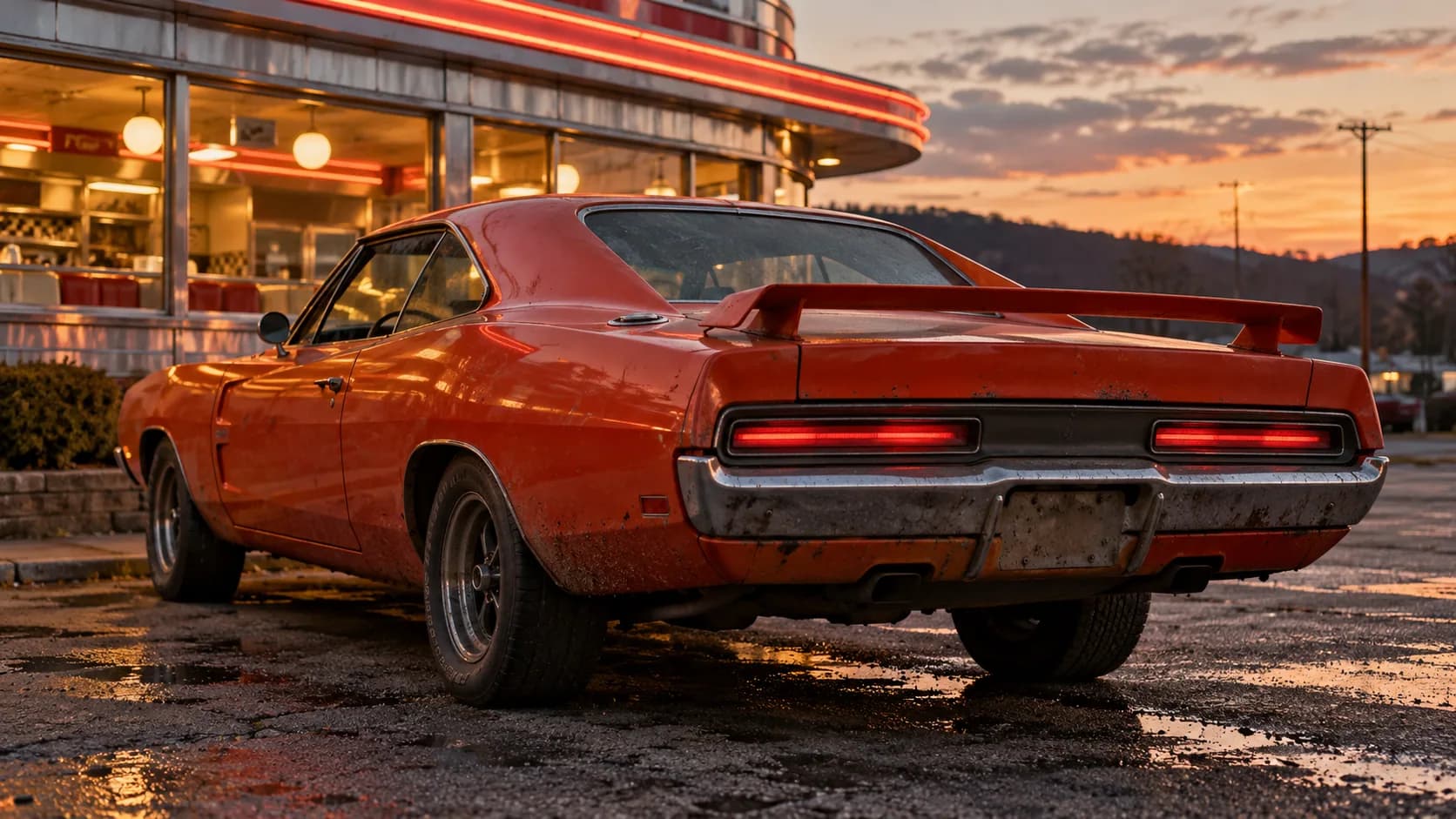 A tall wing, glowing taillights and diner neon glowing behind it. Muscle cars this loud are easy to copy, so how do you tell the real thing from a tribute?