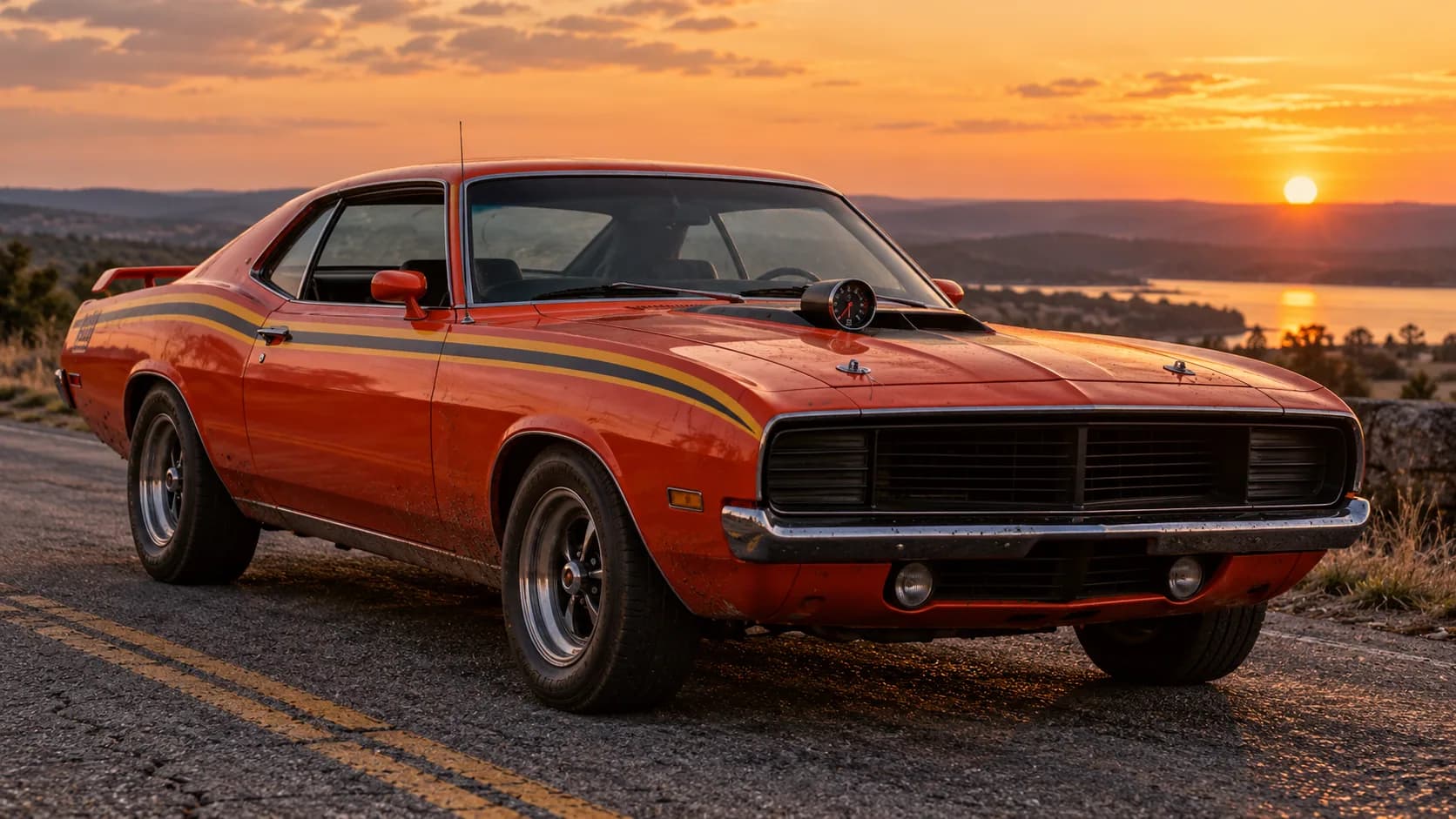 Orange two-door muscle car with a rear wing, yellow and black side stripes and five-spoke wheels, parked on a hilltop road at sunset above a lake.
