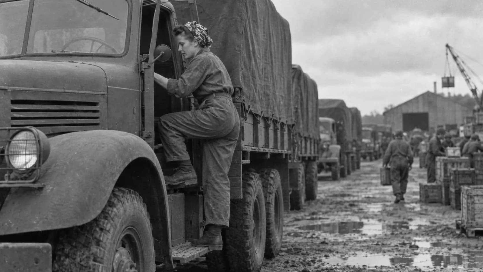 Bandana on, boots on the step, a line of canvas-covered trucks waiting on a muddy depot lot. Did someone in your family drive during World War II?