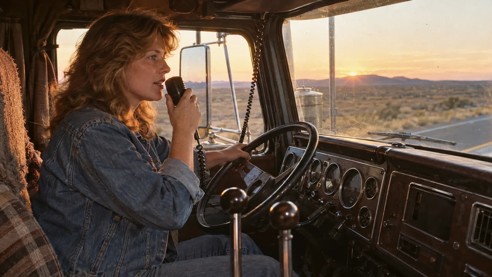 Sunset over the desert, CB handset in one hand, the wheel in the other. Who remembers the women drivers on the radio back in the 1970s?
