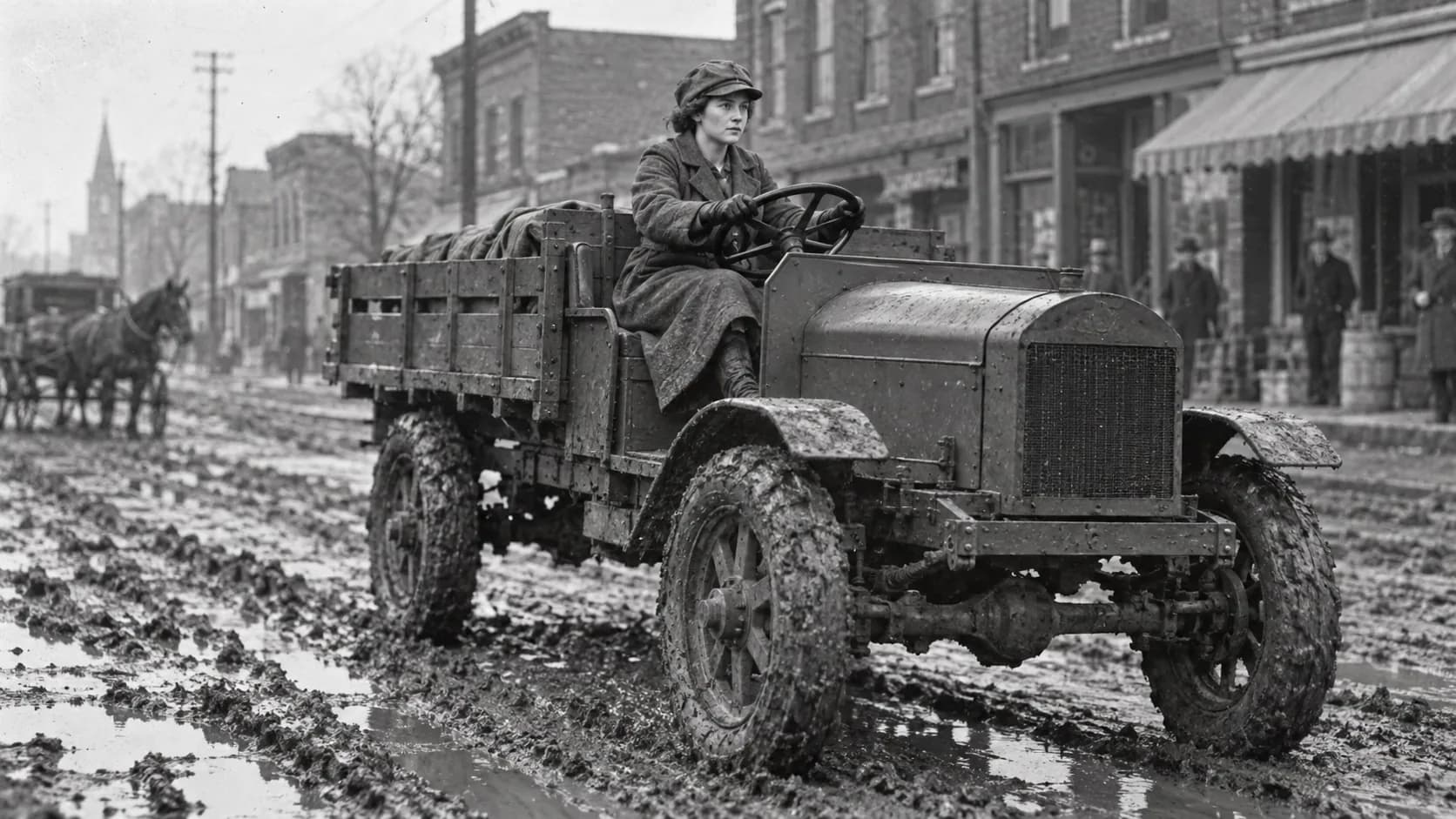 Black-and-white AI render of a woman in a wool coat and cap driving an early open-cab stake-bed truck through a muddy small-town street, with a horse-drawn wagon behind her.
