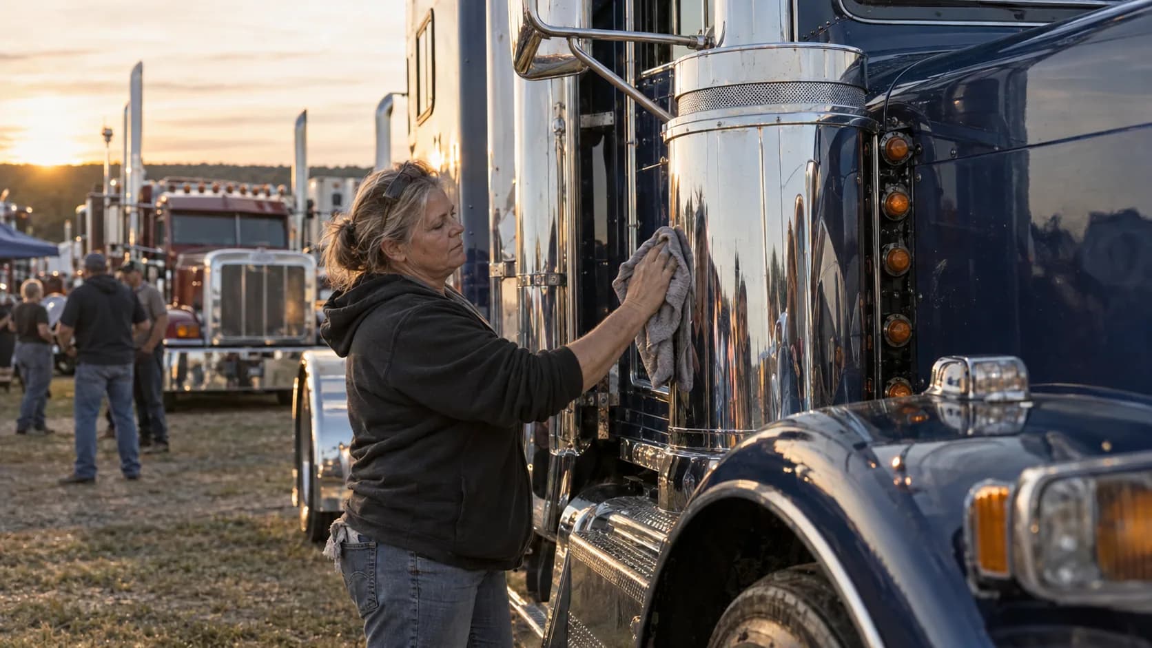Truck show at sunset, and somebody is still buffing the chrome on a navy long-hood. Who keeps the shiniest rig in your crew?