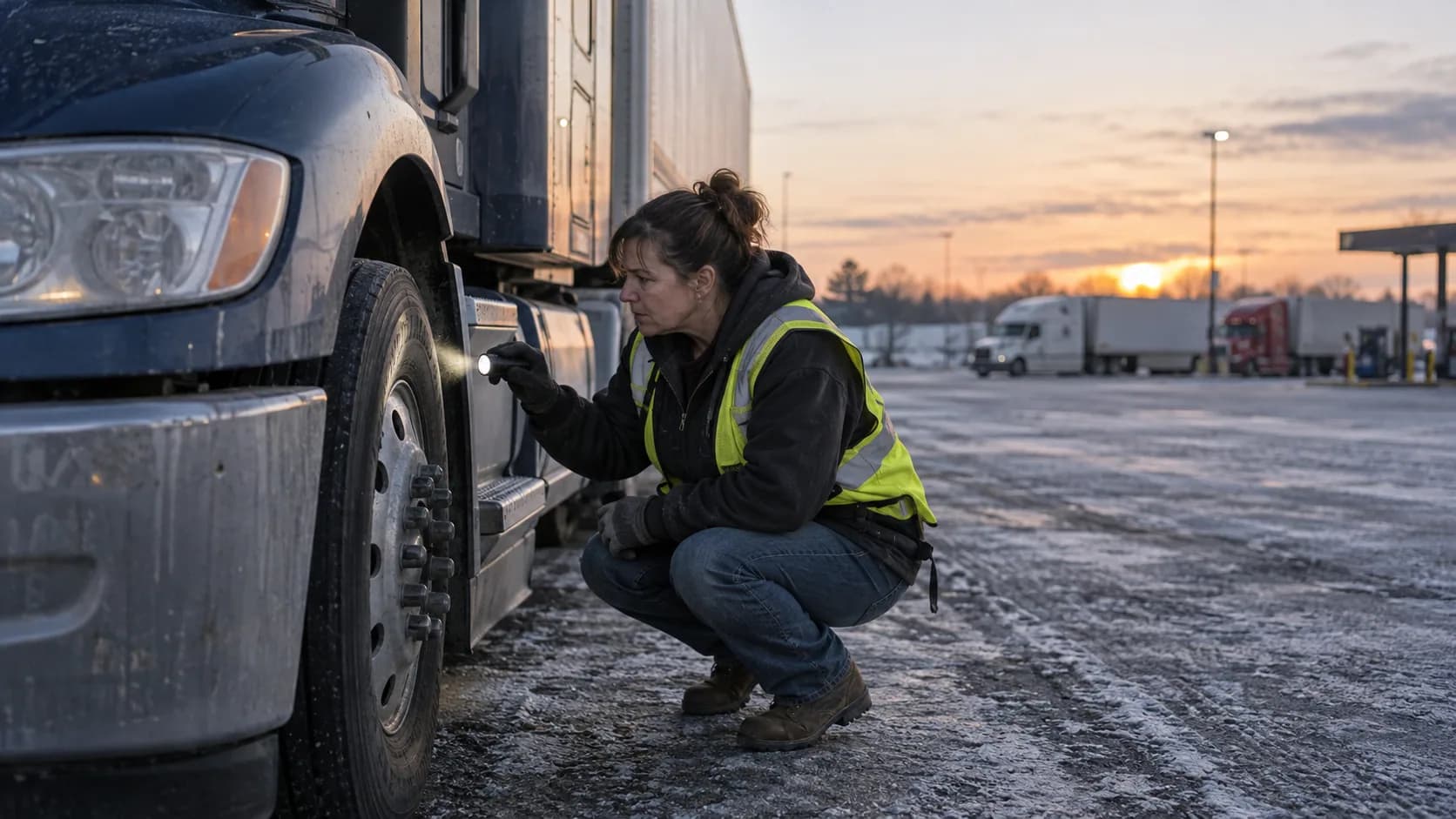A woman in a hooded jacket and yellow safety vest crouches by the front tire of a dark semi truck, checking the wheel with a flashlight on a frosted lot at sunrise, with other trucks and a fuel canopy