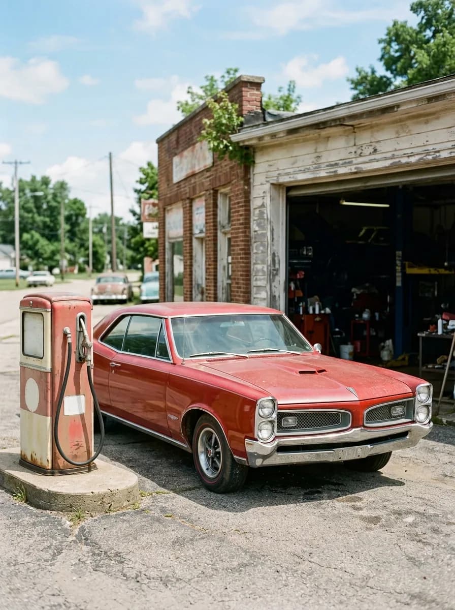 A red 1966 Pontiac GTO parked beside a vintage gas pump outside an old brick garage.