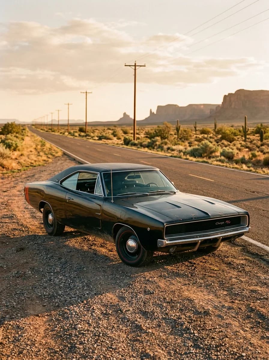 AI-generated render of a black 1968 Dodge Charger R/T parked on an empty desert highway at sunset, with mesas in the distance.