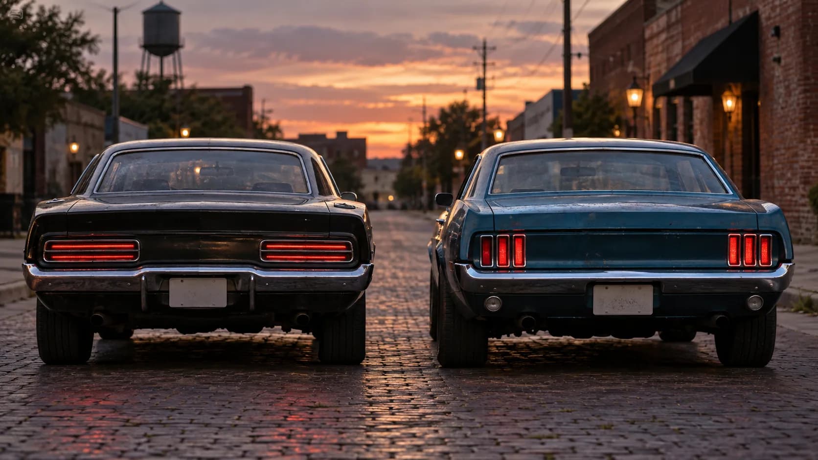 Two coupes from behind on a wet brick street, taillights glowing at dusk. On a real first-gen Camaro, counting the taillight sections is the fastest way to name the year.