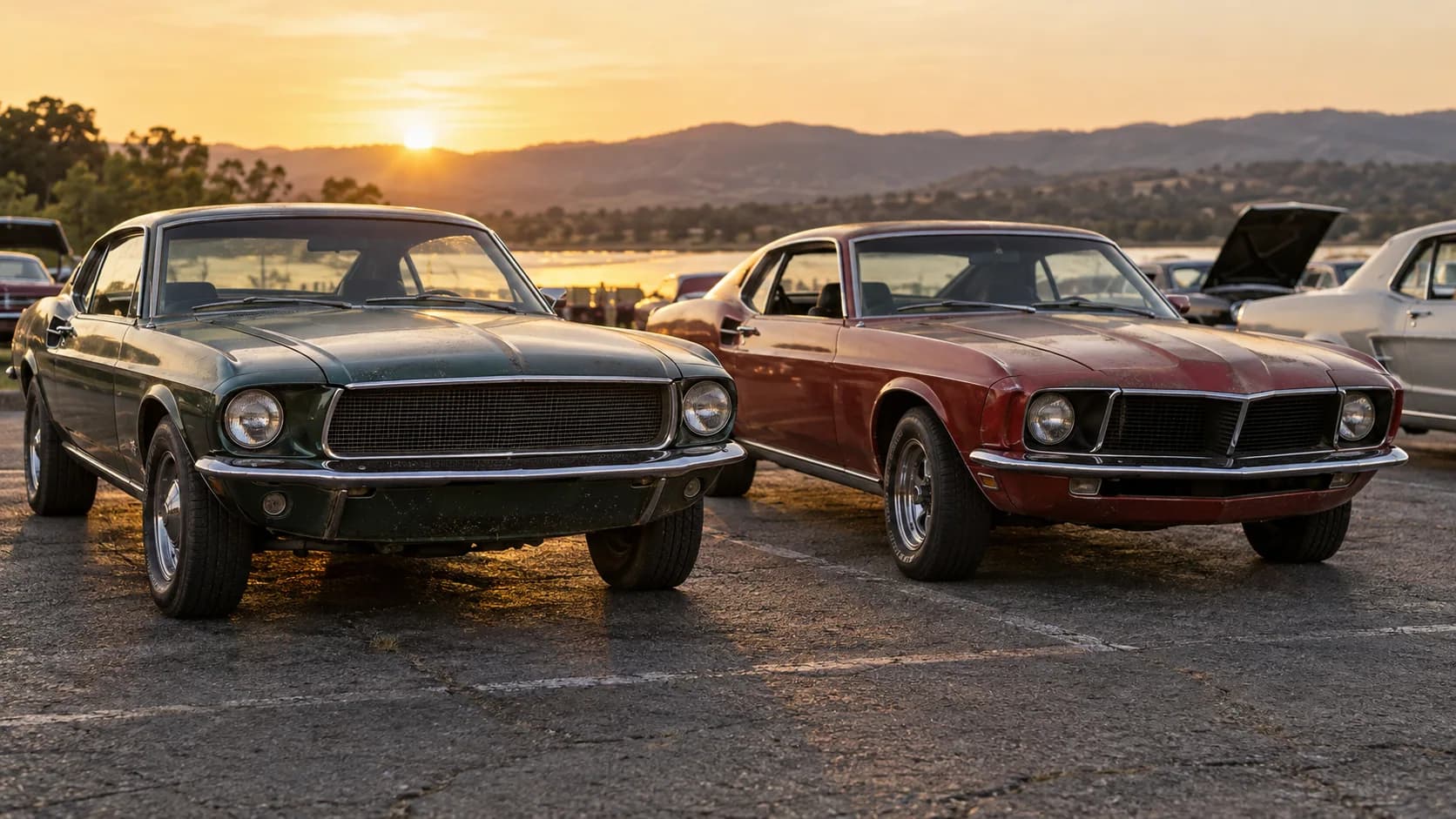 Two weathered late-sixties coupes parked side by side in a lot at sunset, a dark green one with a mesh grille and a red one with a split grille, hills and a lake behind them.