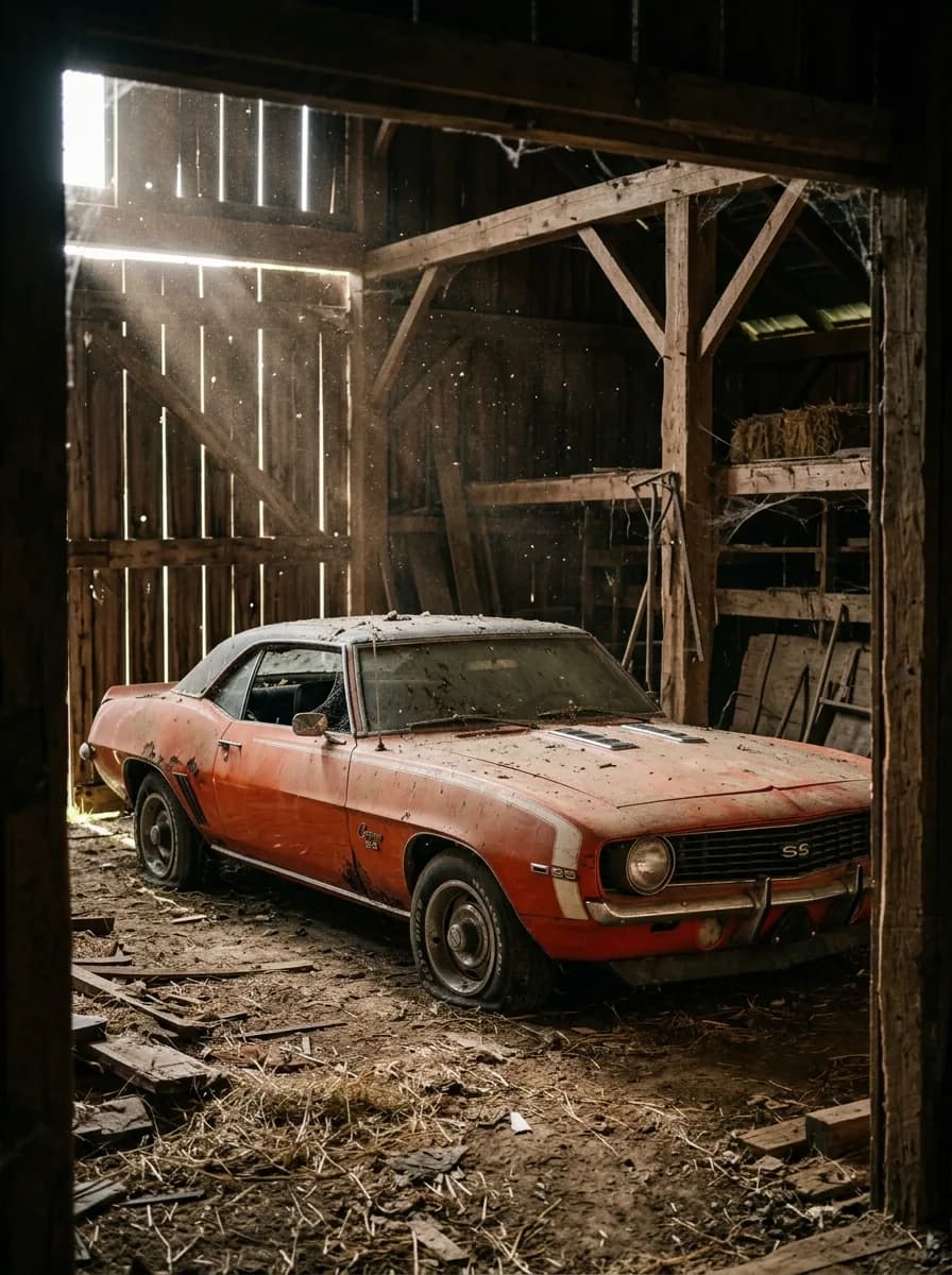 A dusty orange 1969 Chevrolet Camaro SS sitting inside an old wooden barn, lit by a shaft of sunlight through the doors