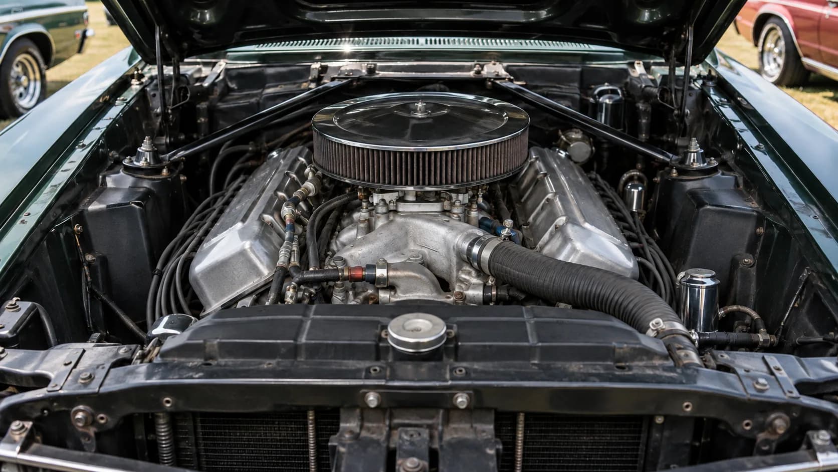 Pop the hood at a car show and this is what fills the bay: a huge chrome air cleaner, wide aluminum valve covers and barely an inch to spare. On the real Boss 429, Kar Kraft had to