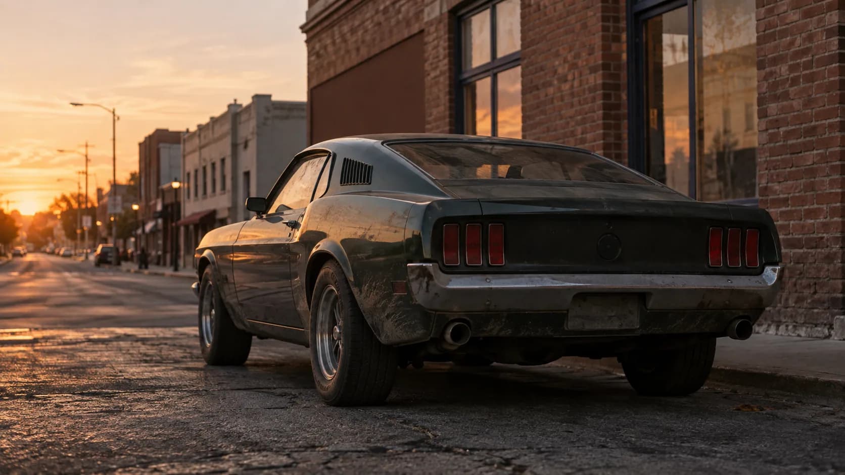 Parked beside a brick storefront as the sun goes down, a dusty fastback with triple taillights and twin exhaust tips. Only about 1,358 Boss 429s were built. Would you leave one thi