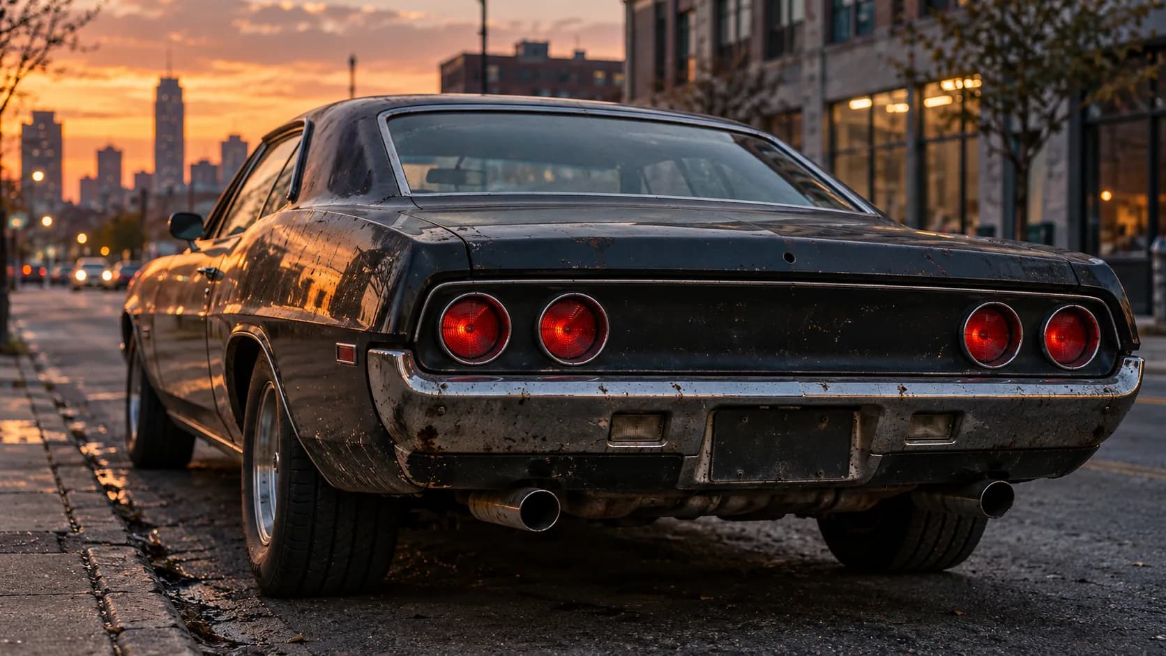 A worn black fastback at the curb, quad round taillights glowing against a city sunset. The Charger years are easier to tell apart than you think, and the taillights are part of th