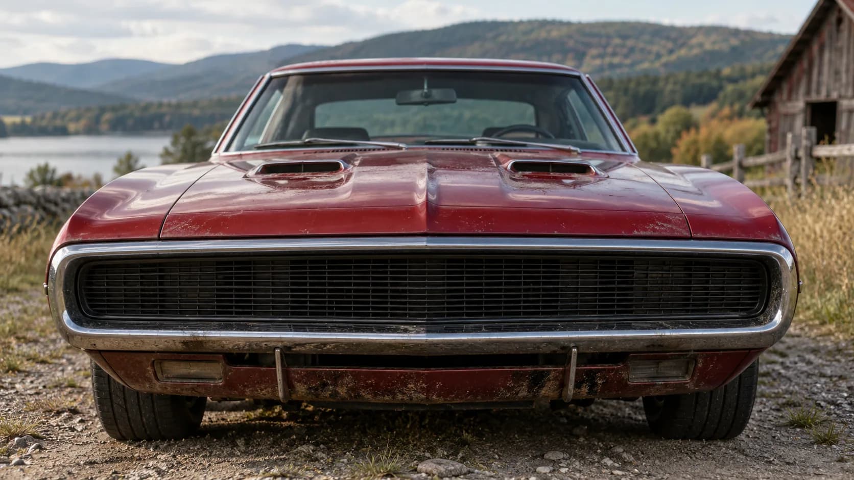 Faded red paint, a full chrome loop around the grille and an old barn in the background. Would you restore it or leave the patina?
