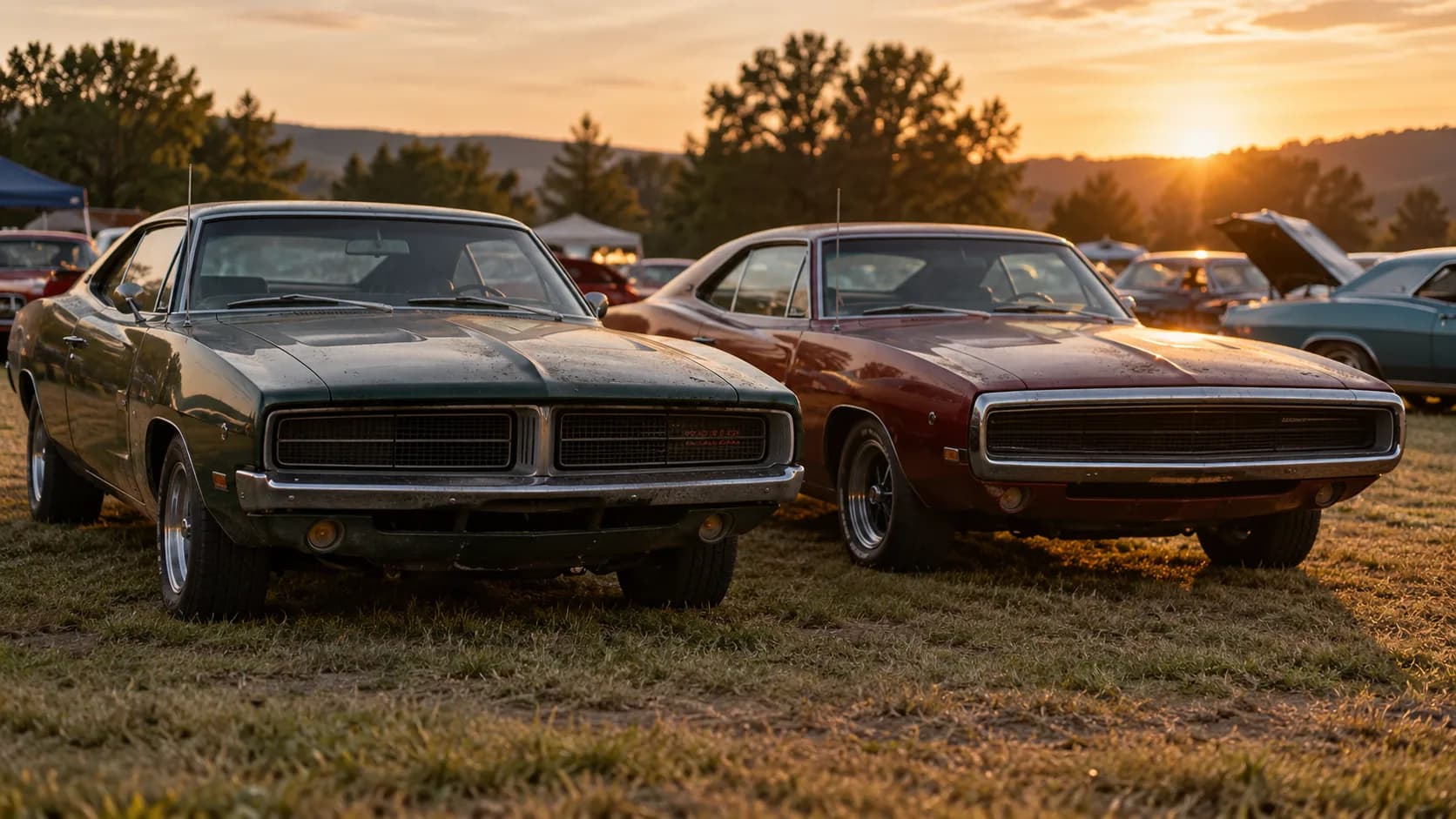 Two weathered hidden-headlight muscle cars parked on grass at a sunset car show: a dark green one with a center-divided grille and a maroon one with a chrome loop bumper around its grille.