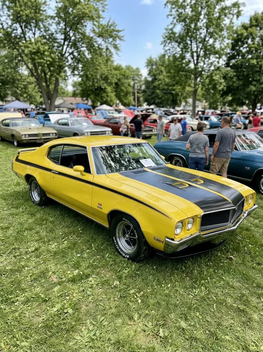 A yellow and black 1970 Buick GSX parked on the grass at a car show, with other muscle cars and spectators in the background.