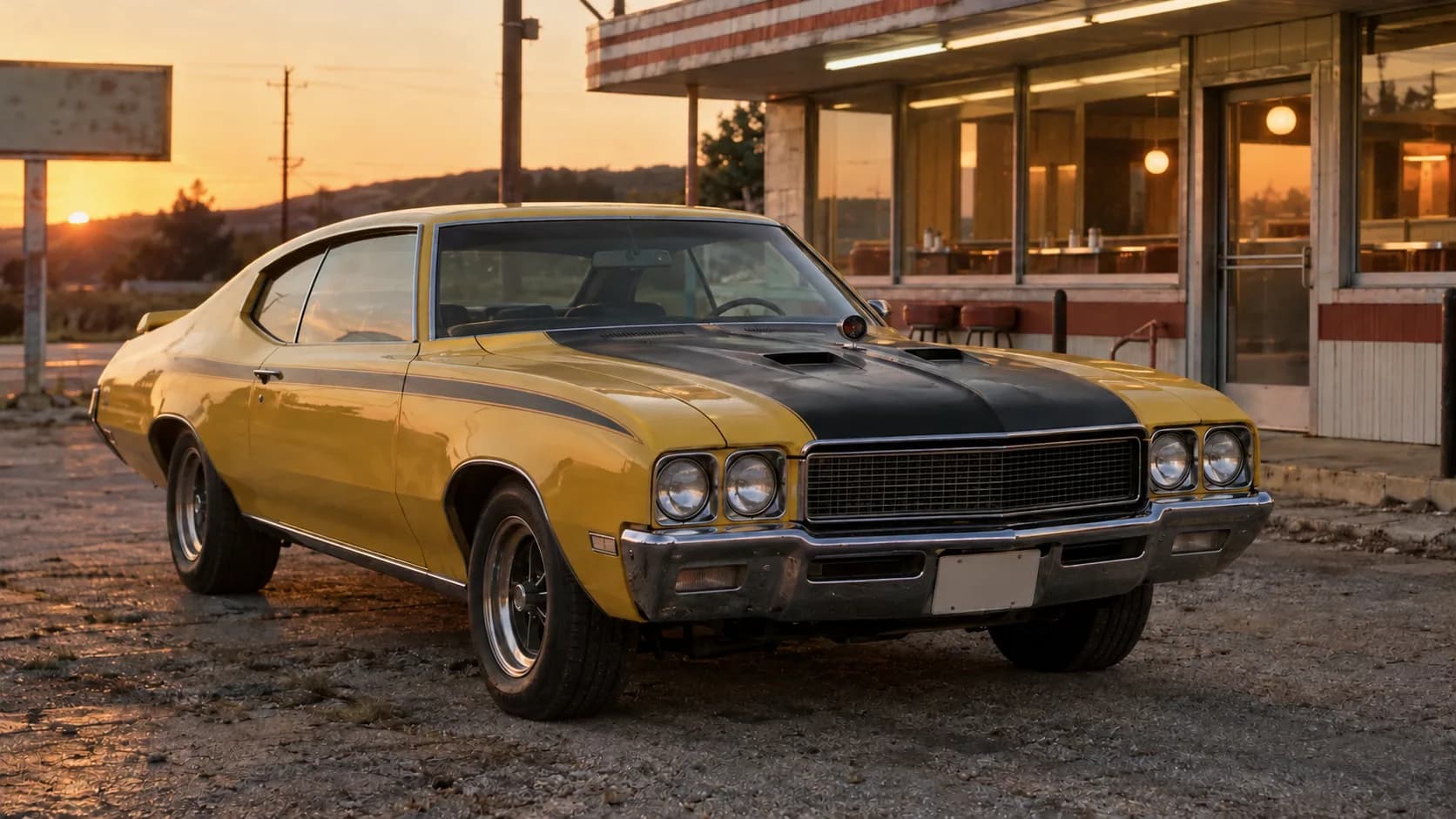 A yellow 1970 Buick GSX with black stripes and a rear spoiler parked outside a small-town diner at sunset