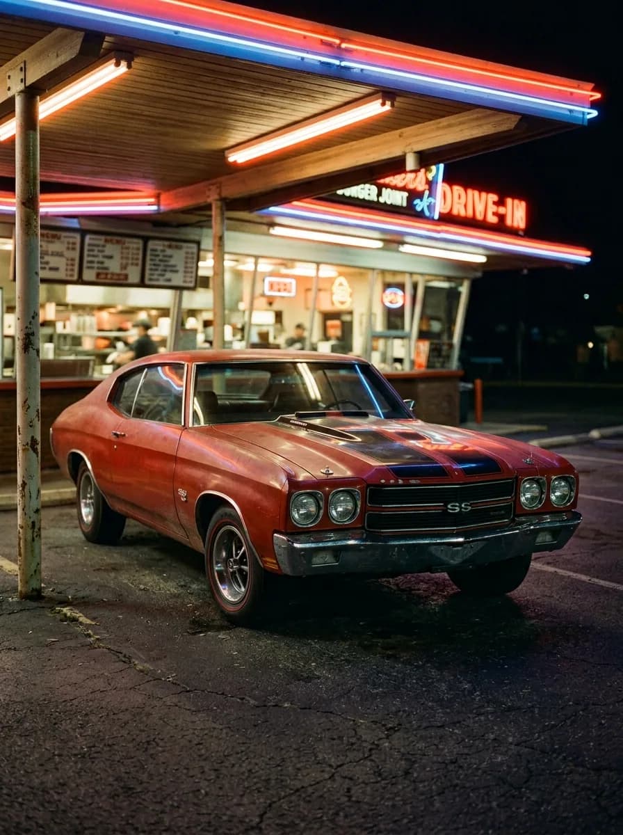 An orange 1970 Chevrolet Chevelle SS with black stripes parked at night outside a neon-lit drive-in diner