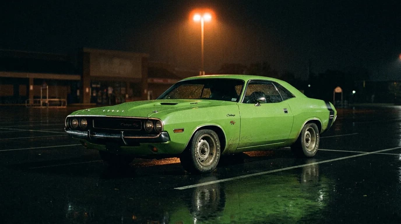 AI-generated render of a green 1970 Dodge Challenger R/T parked in a rain-slicked parking lot at night, lit by a single sodium streetlight.