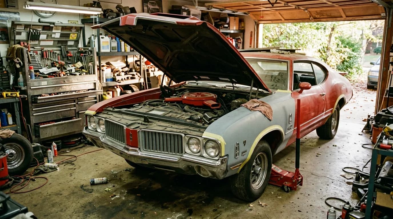 Every long-term 442 owner ends up here eventually — hood up, tools out, chasing down every year of that Rocket 455.