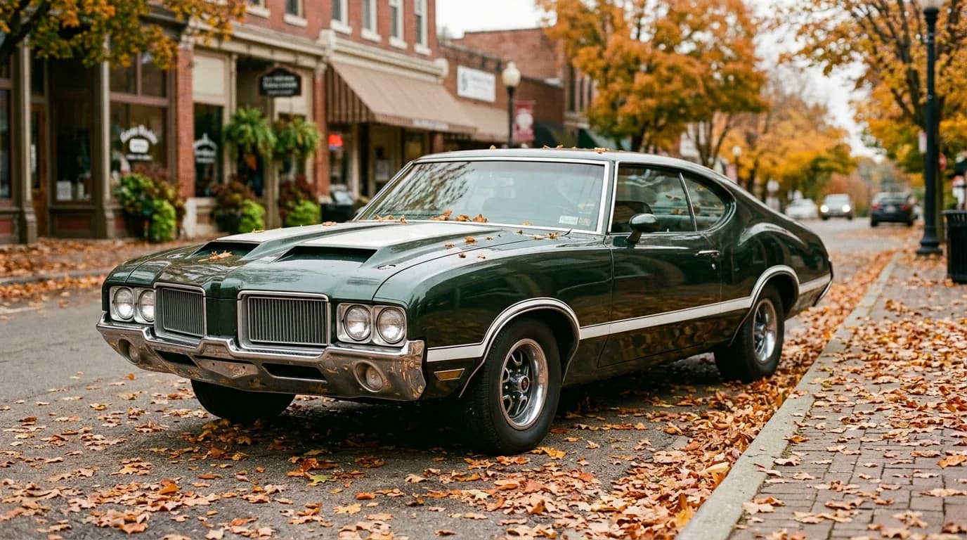 A 442 parked on a quiet fall street looks almost restrained — until you notice the twin hood scoops and remember what's under them.