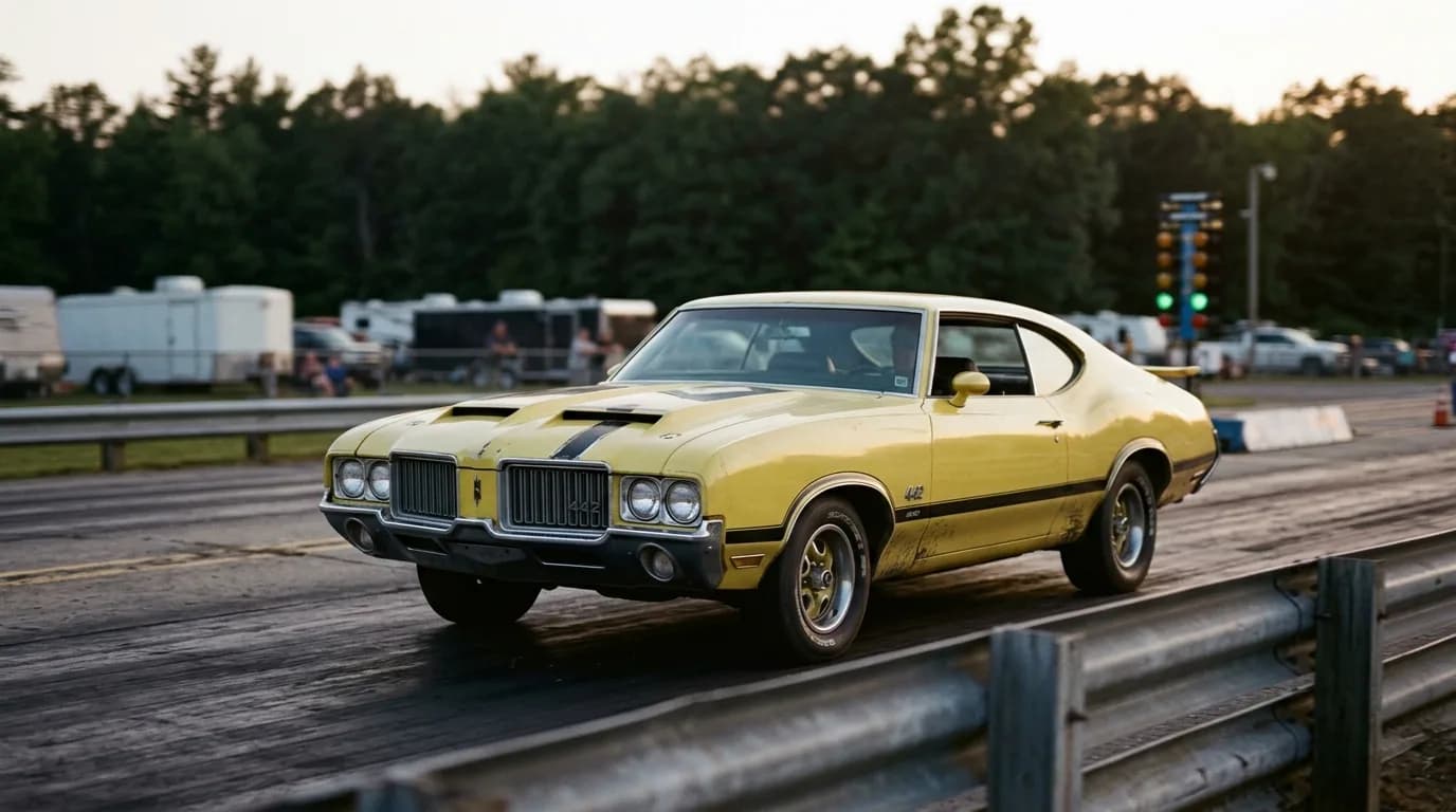 A yellow 1970 Oldsmobile 442 with black hood stripes staged on a drag strip at dusk, campers and trailers lined up in the background.