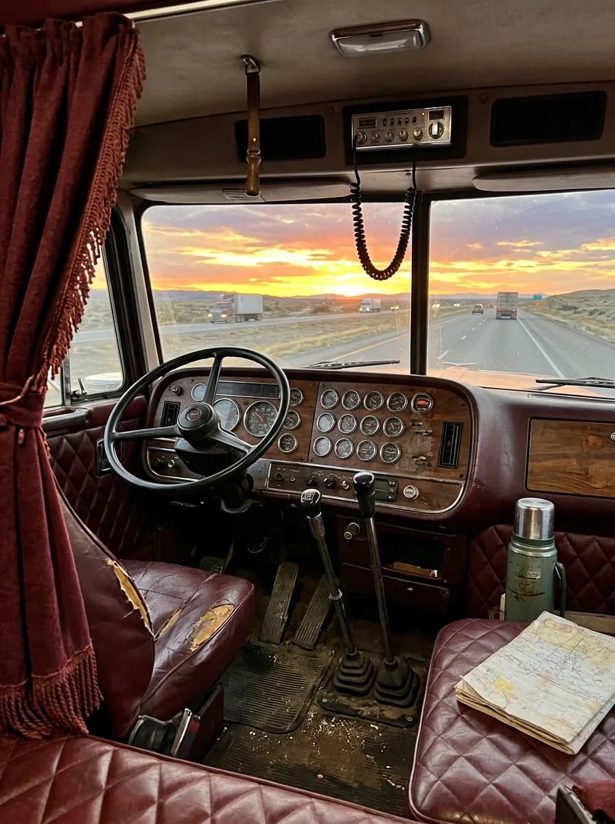 Sunset view through the windshield of a classic semi sleeper cab, with a CB radio mounted overhead and two gear shifters rising from the floor