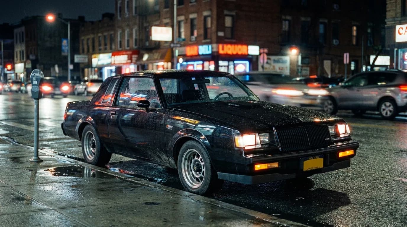 A black 1987 Buick Grand National parked on a wet city street at night, neon signs from nearby storefronts reflecting off the pavement.