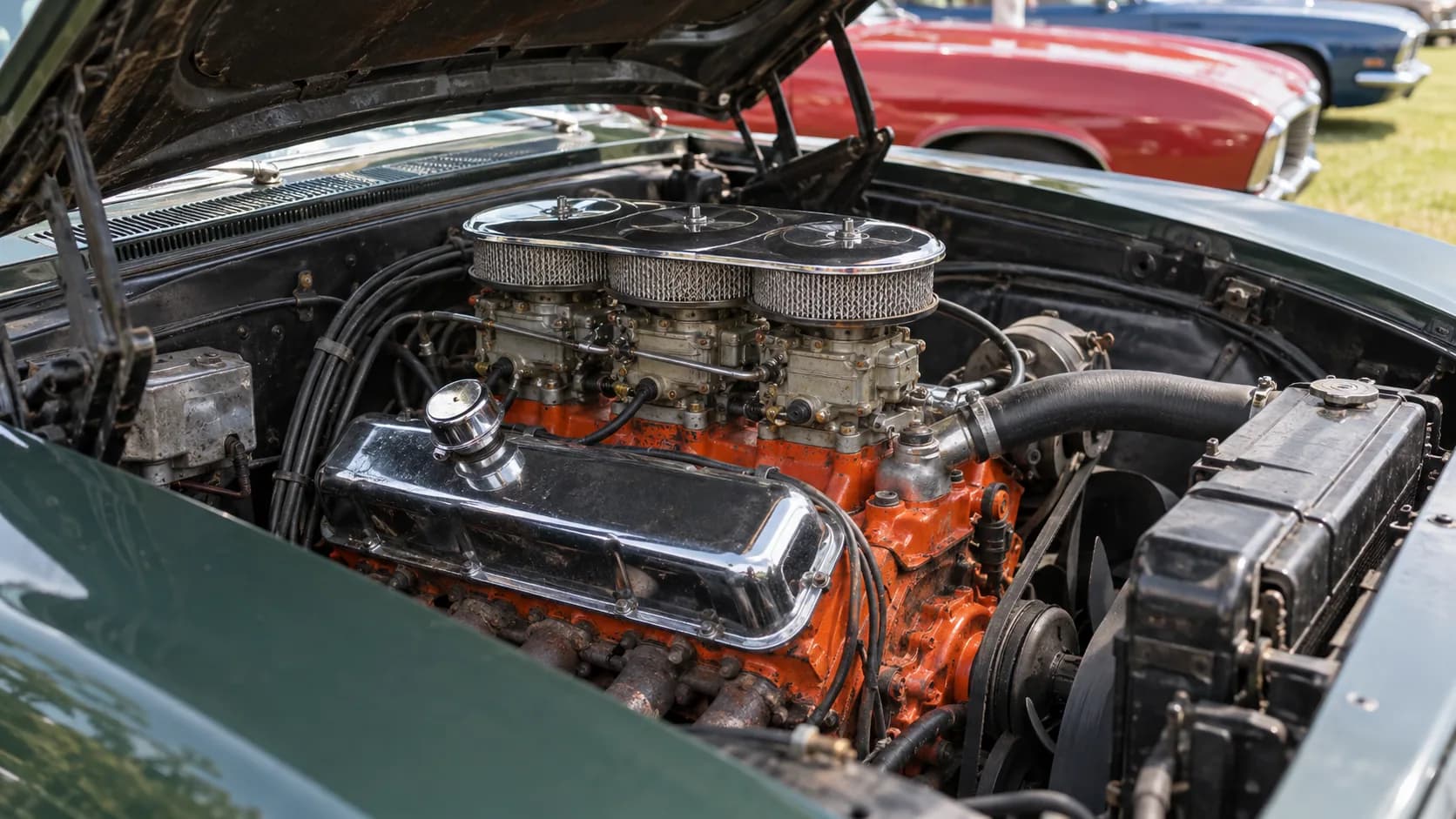 Hood up at a car show: three carbs, a chrome valve cover and a lot of orange paint. Nothing filled an engine bay like a big-block.