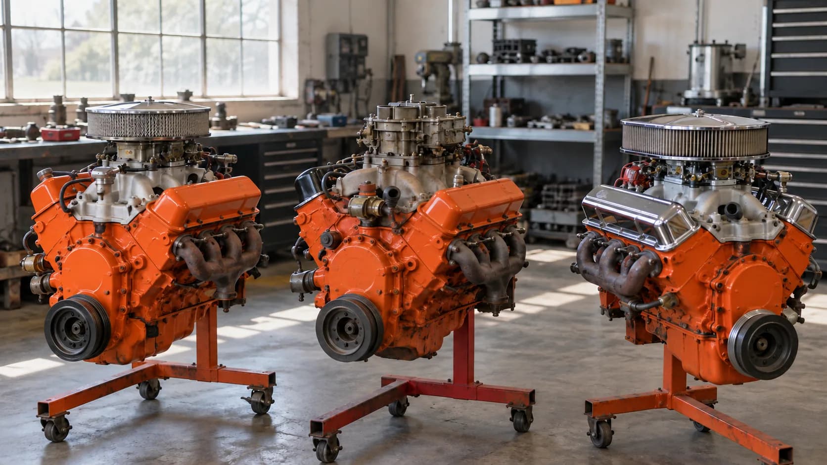 Three orange-painted V8 big-block engines on red engine stands in a sunlit workshop, two topped with chrome air cleaners and the middle one showing an open four-barrel carburetor.