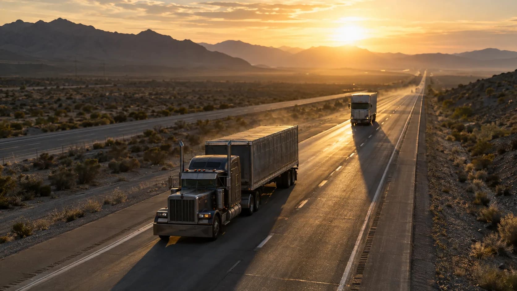 A long-hood rolling down an empty desert highway under a low golden sun, a flat-nosed truck far behind it. Hood or no hood, which one do you picture?