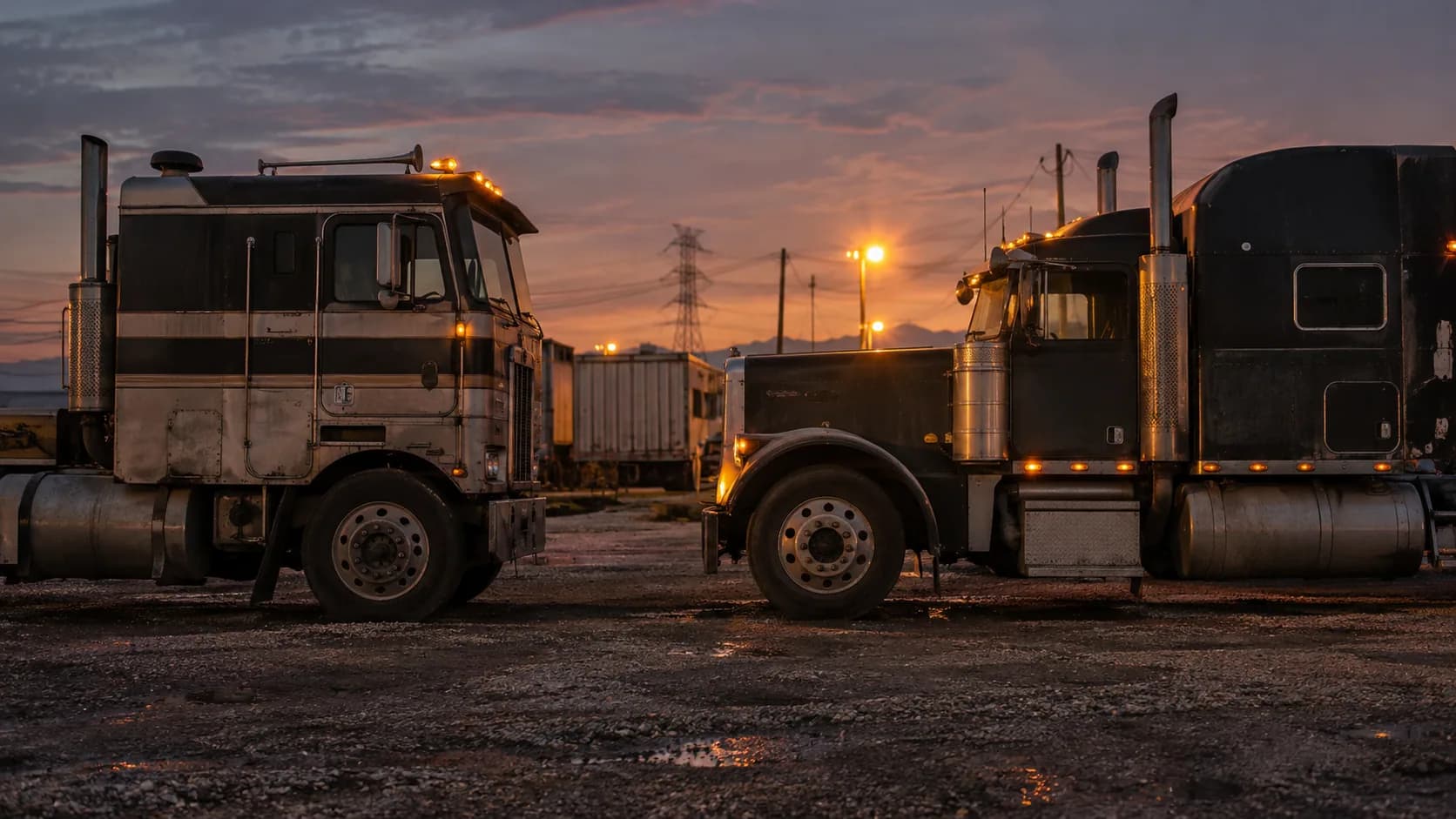 A flat-faced cabover with a striped cab and a long-hood conventional with a tall sleeper parked facing each other on wet gravel at dusk, with power lines and an orange sky behind them.