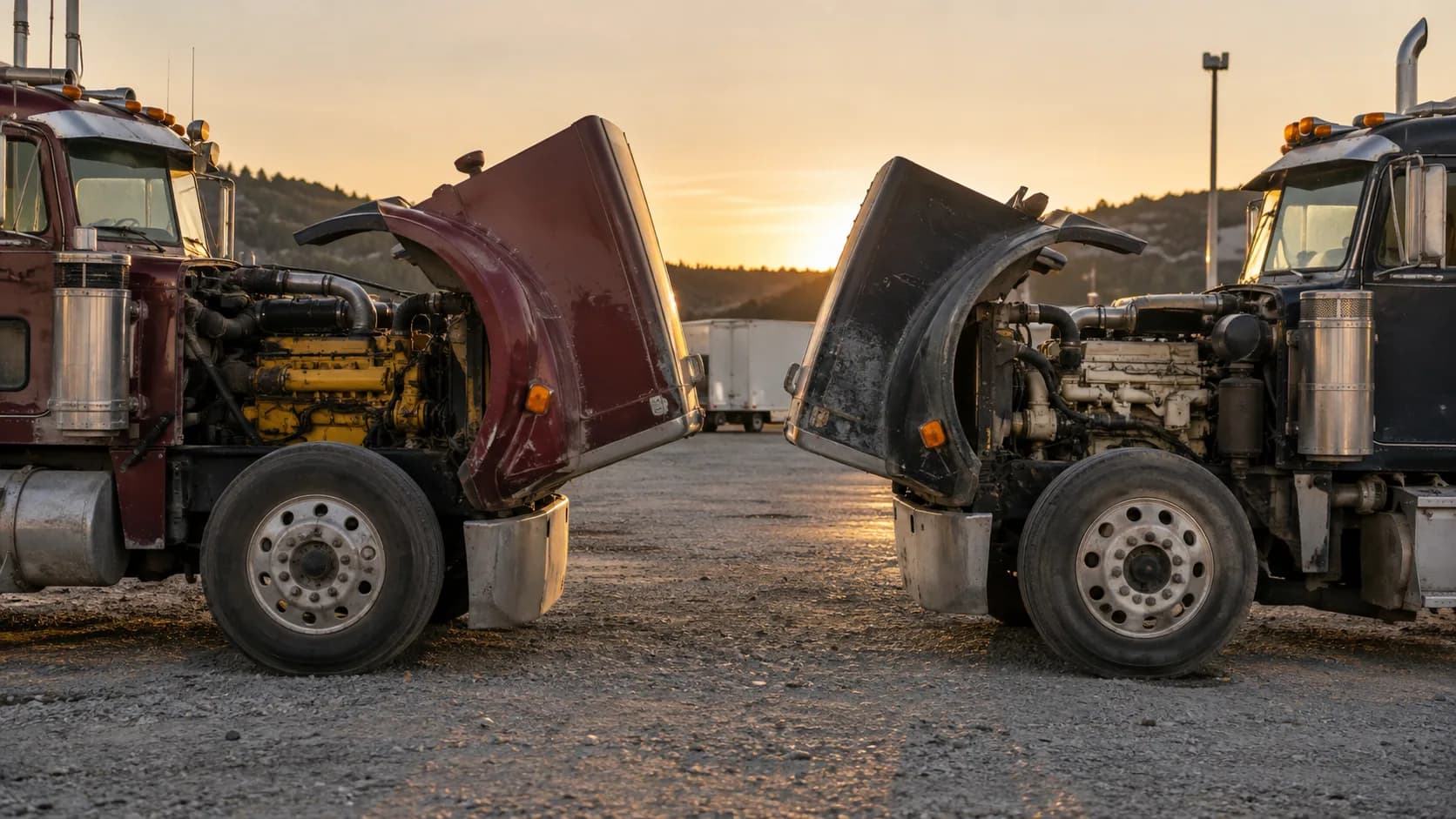 Two trucks nose to nose at sunset with both hoods tilted open, a yellow engine on one side and a cream one on the other. The oldest argument in the truck stop.