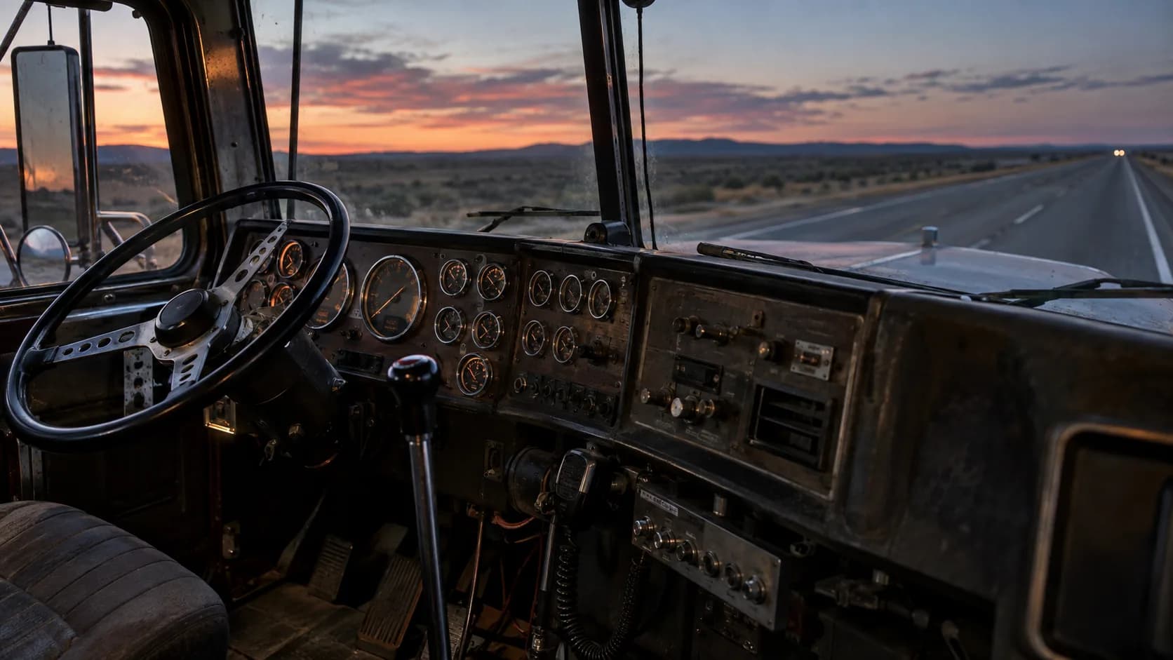 A dark cab at dusk, gauges glowing, a CB mic on the dash and a long empty highway ahead. What was under the hood in the truck you remember?